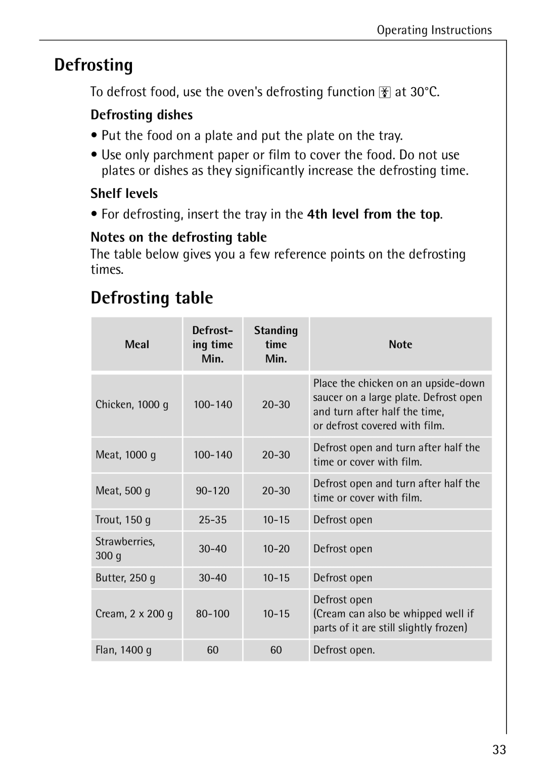 AEG B 2100 operating instructions Defrosting table, Defrosting dishes, Shelf levels 