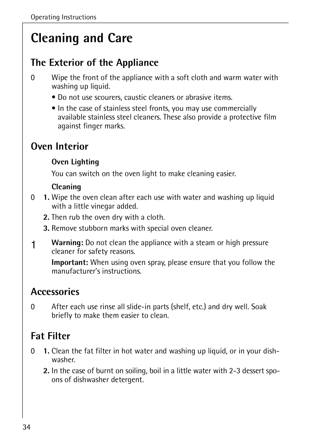 AEG B 2100 operating instructions Cleaning and Care, Exterior of the Appliance, Oven Interior, Accessories, Fat Filter 