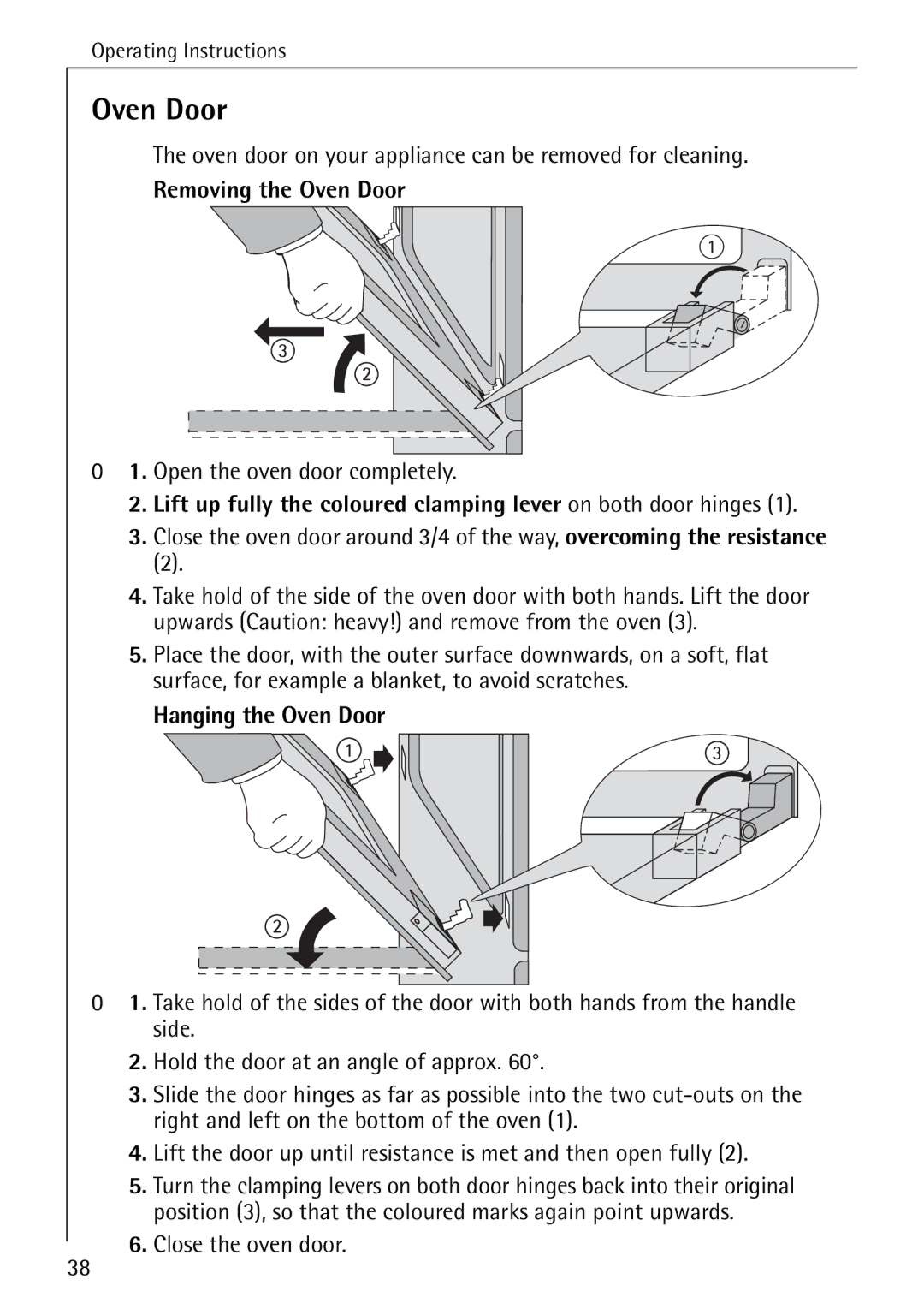 AEG B 2100 operating instructions Removing the Oven Door, Hanging the Oven Door 