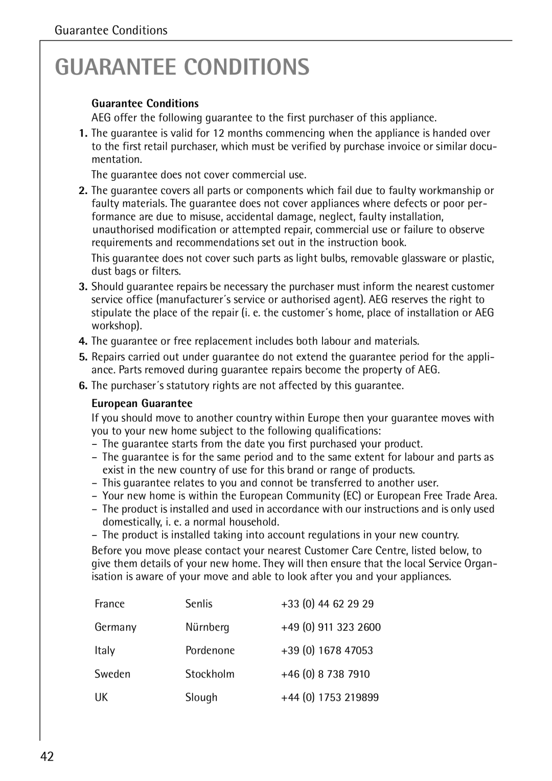 AEG B 2100 operating instructions Guarantee Conditions, European Guarantee 