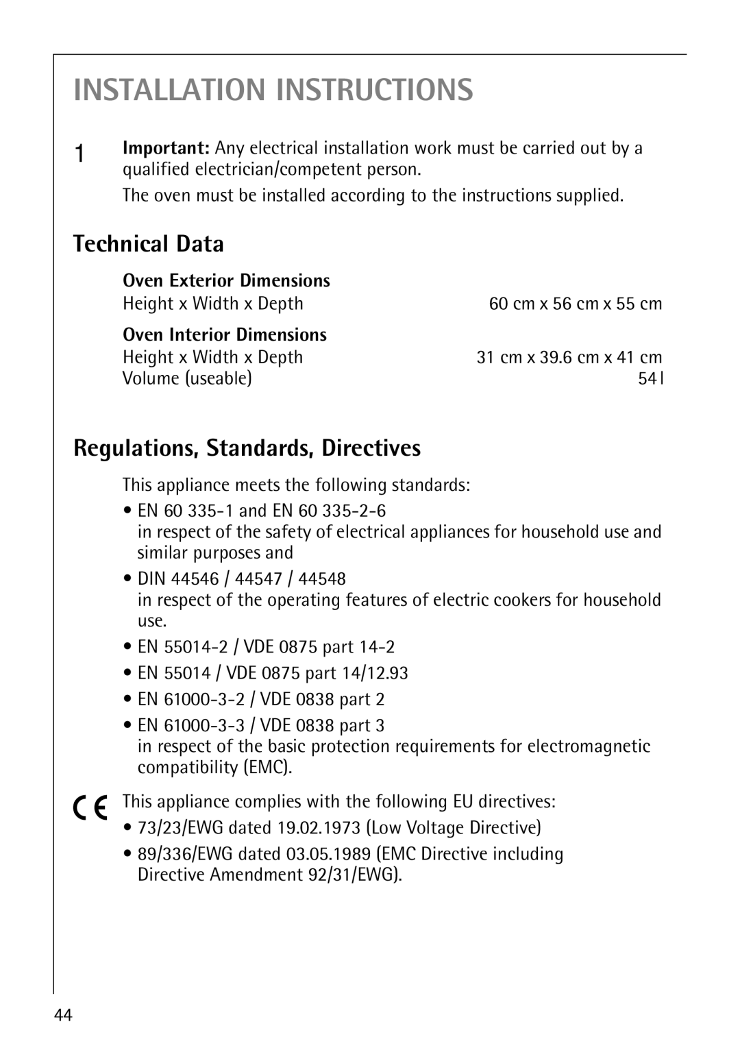 AEG B 2100 Technical Data, Regulations, Standards, Directives, Oven Exterior Dimensions, Oven Interior Dimensions 