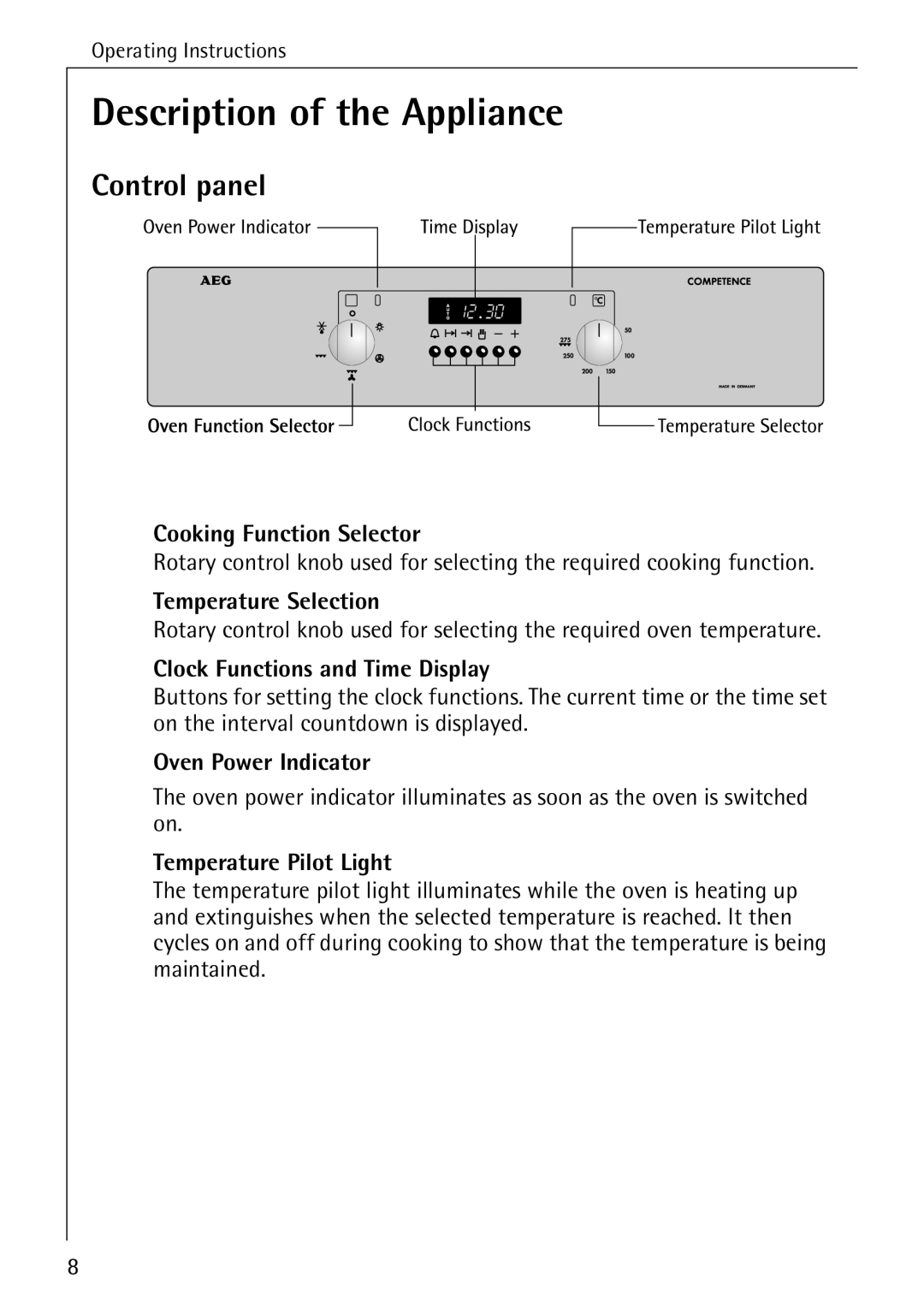 AEG B 2100 operating instructions Description of the Appliance, Control panel 