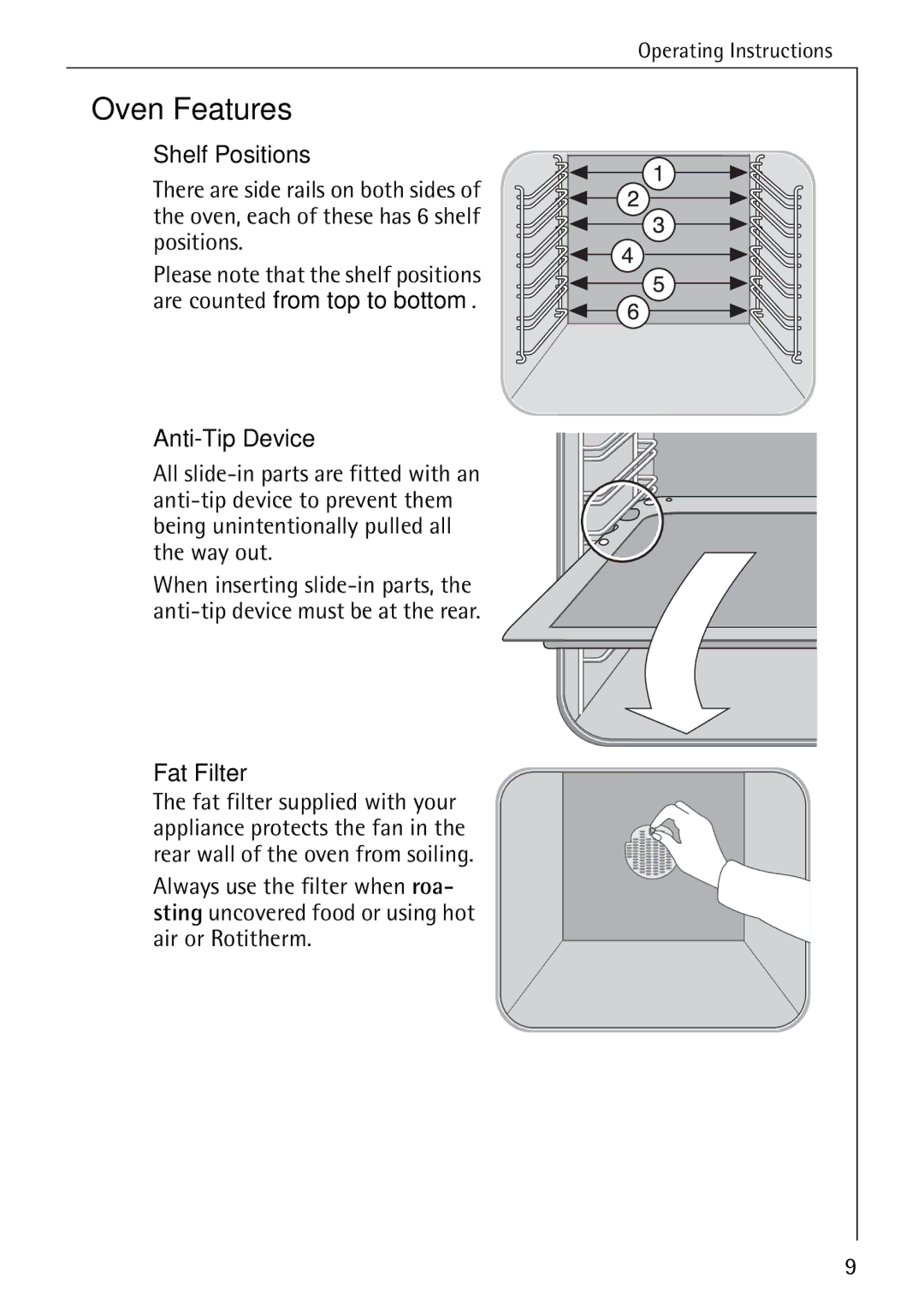 AEG B 2100 operating instructions Oven Features, Shelf Positions, Anti-Tip Device, Fat Filter 