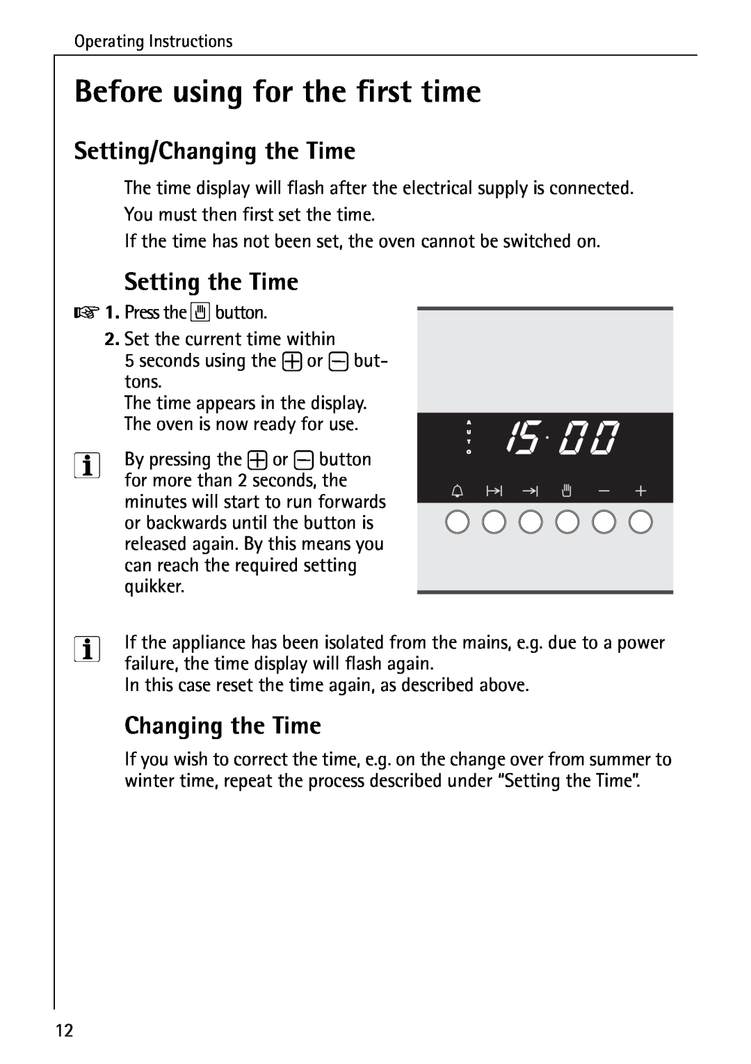 AEG B 2100 operating instructions Before using for the first time, Setting/Changing the Time, Setting the Time 