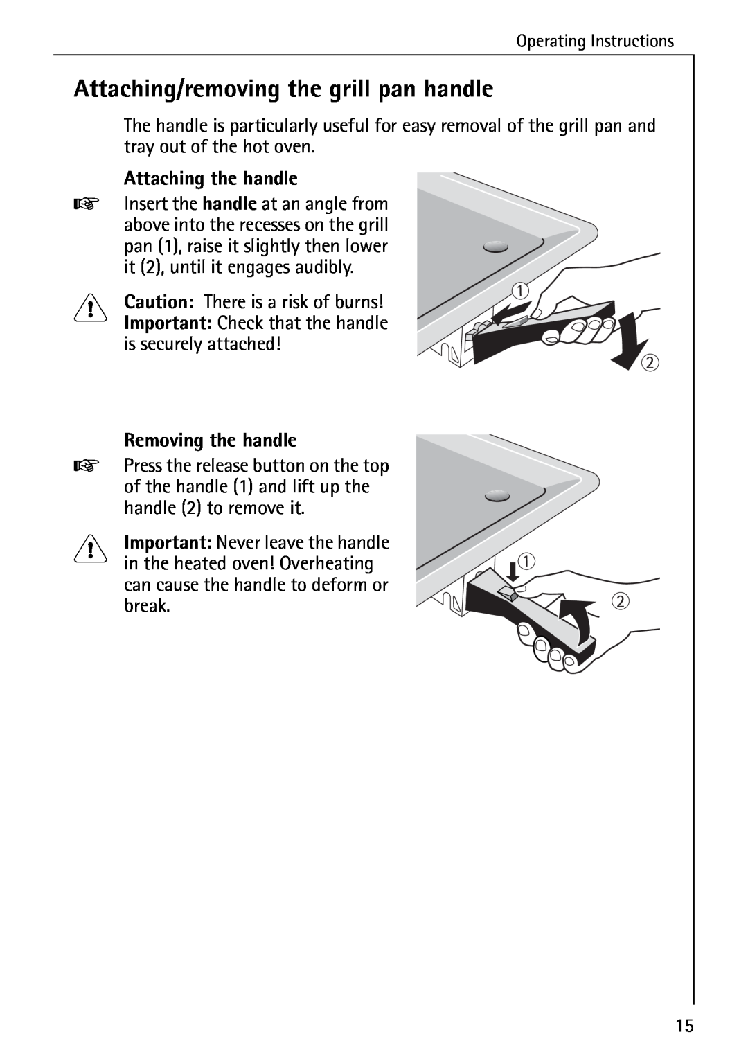 AEG B 2100 operating instructions Attaching/removing the grill pan handle, Attaching the handle, Removing the handle 