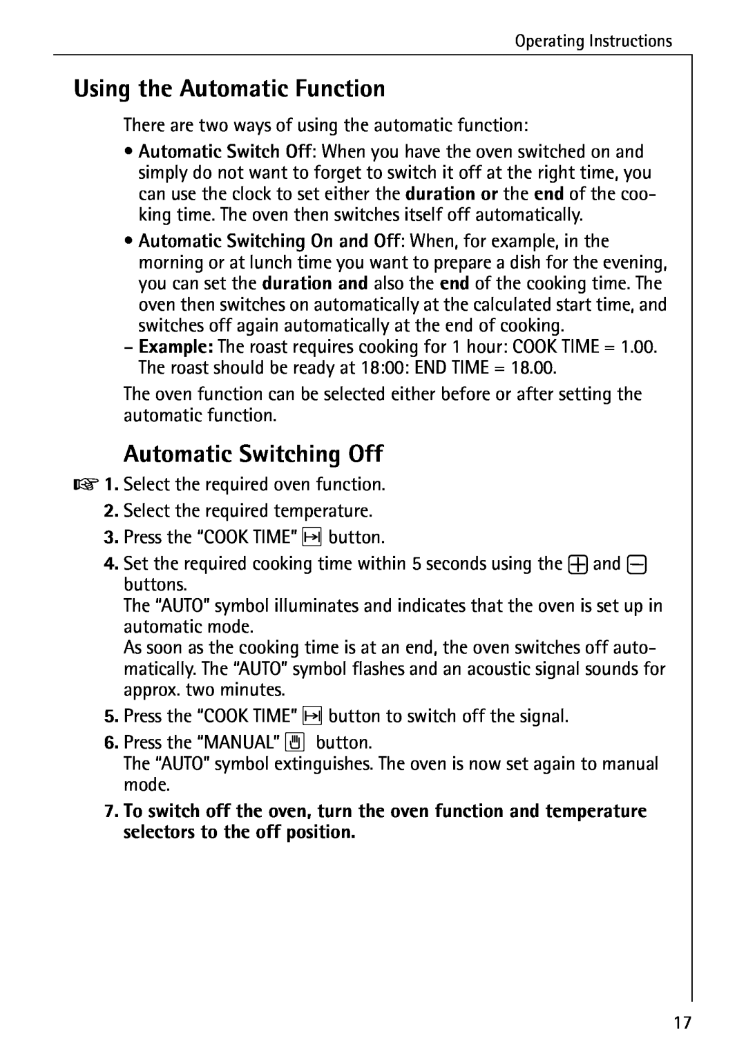 AEG B 2100 operating instructions Using the Automatic Function, Automatic Switching Off 