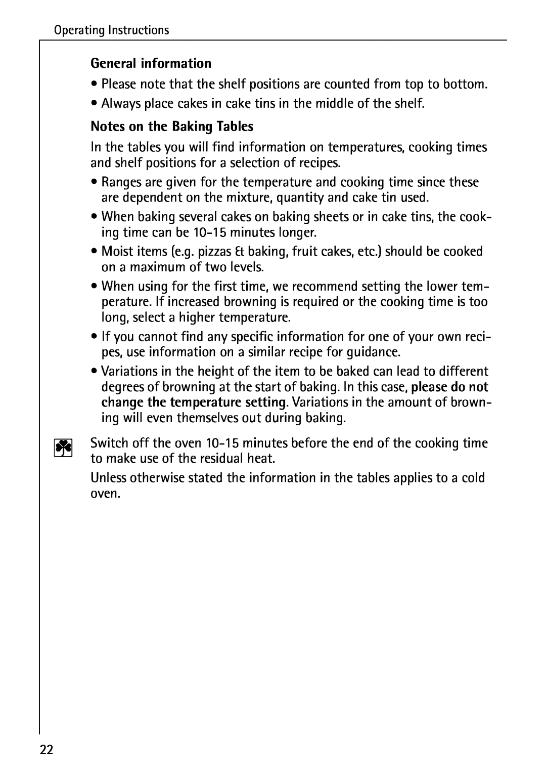 AEG B 2100 operating instructions General information, Notes on the Baking Tables 