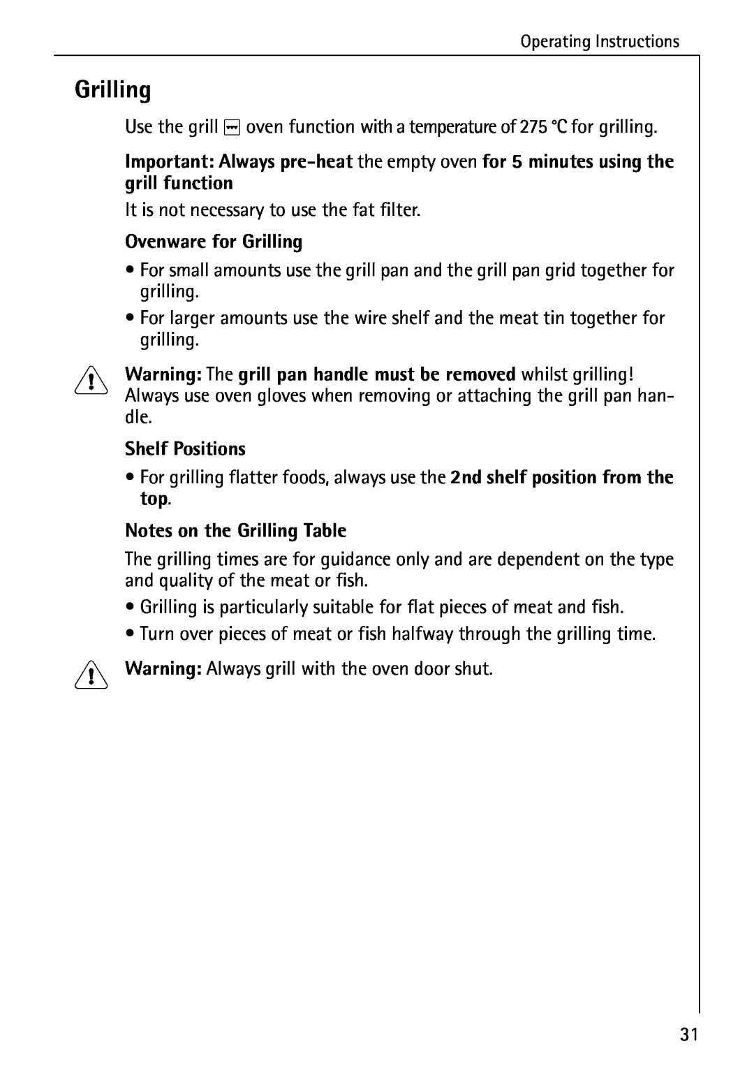 AEG B 2100 operating instructions Ovenware for Grilling, Notes on the Grilling Table, Shelf Positions 