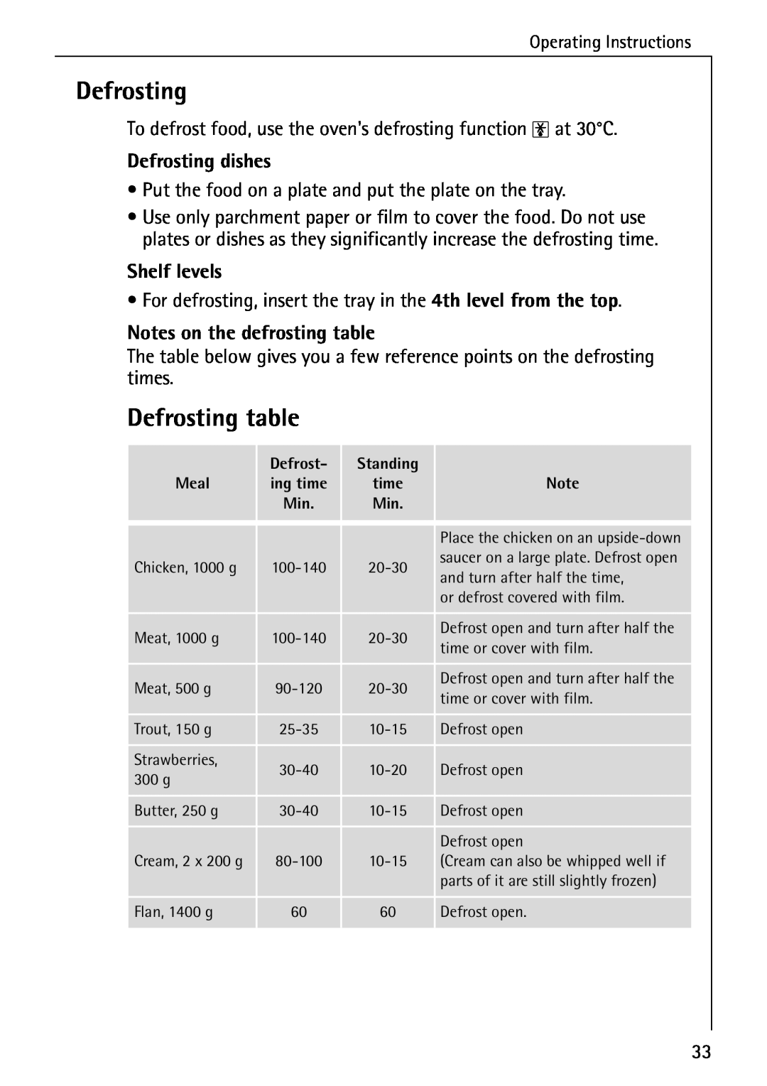 AEG B 2100 operating instructions Defrosting table, Defrosting dishes, Shelf levels, Notes on the defrosting table 