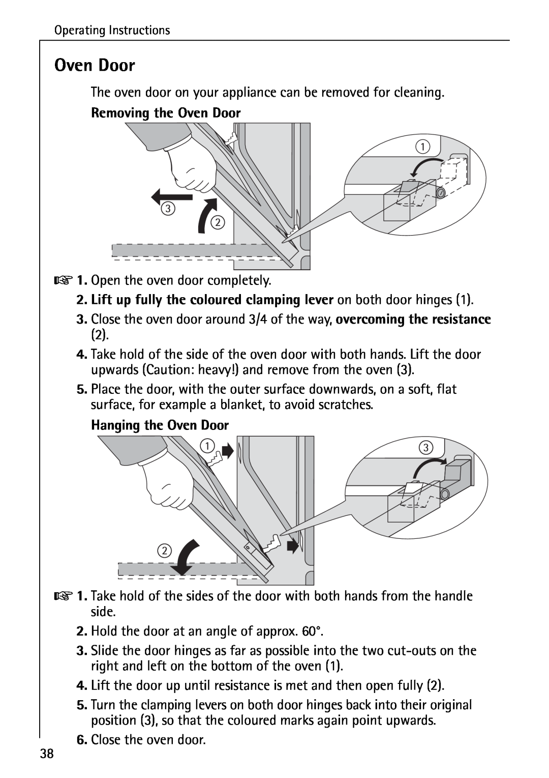 AEG B 2100 operating instructions Removing the Oven Door, Hanging the Oven Door 