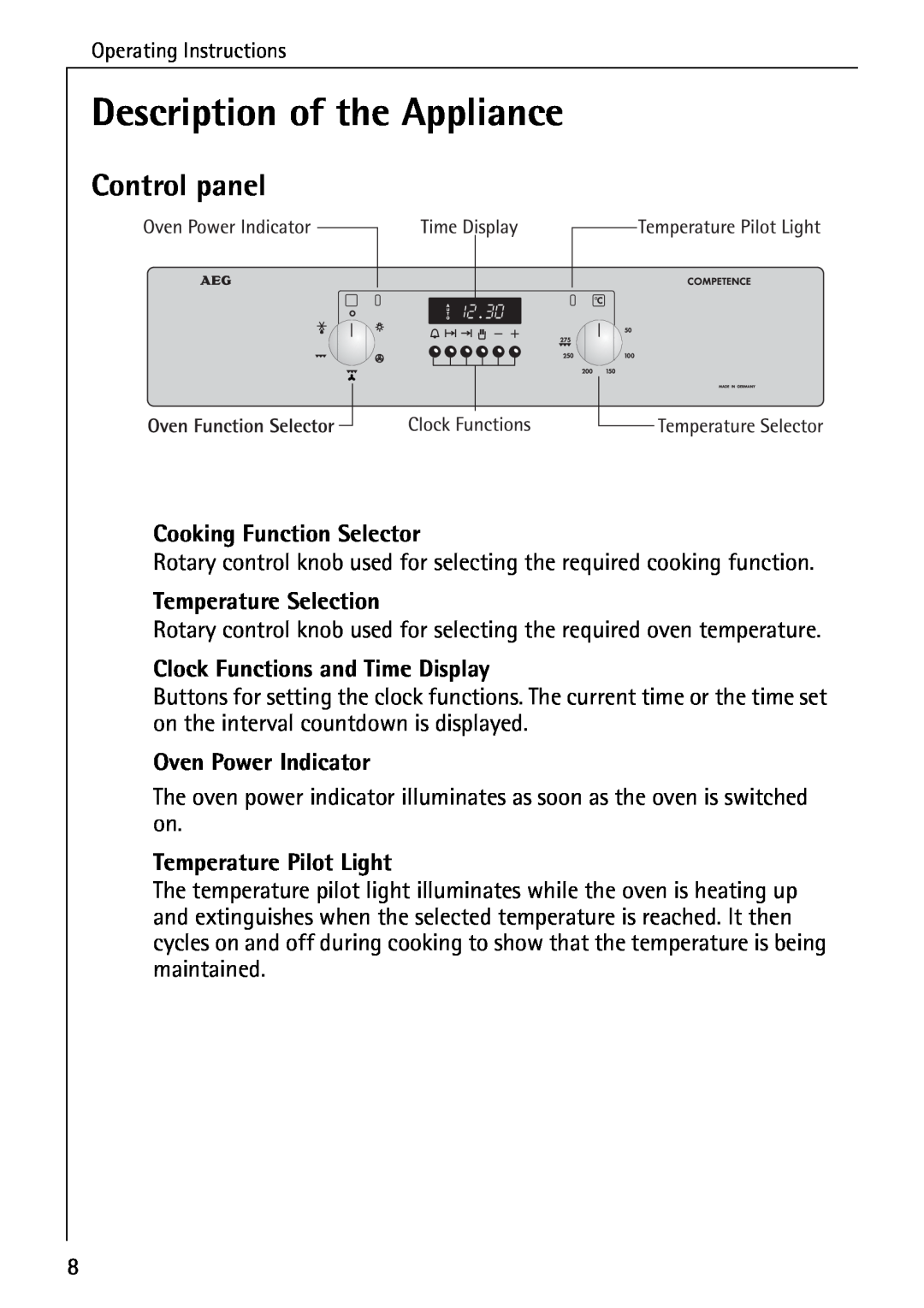 AEG B 2100 Description of the Appliance, Control panel, Cooking Function Selector, Temperature Selection 