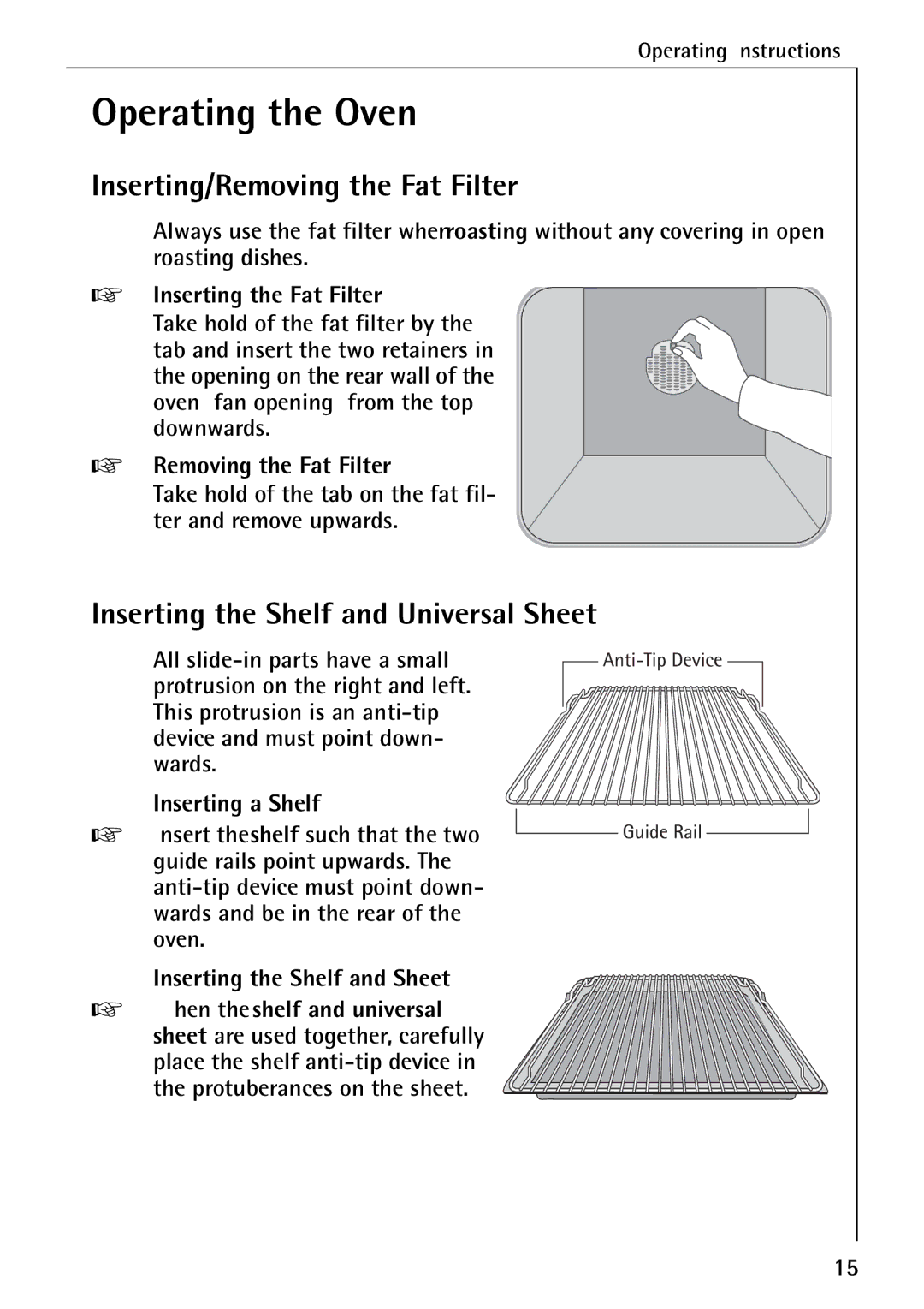 AEG B 4100 Operating the Oven, Inserting/Removing the Fat Filter, Inserting the Shelf and Universal Sheet 