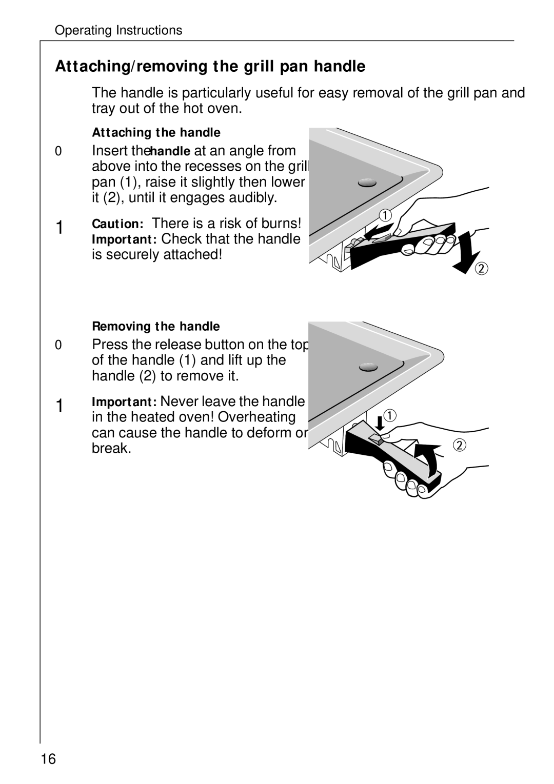 AEG B 4100 Attaching/removing the grill pan handle, Attaching the handle, Is securely attached, Removing the handle 