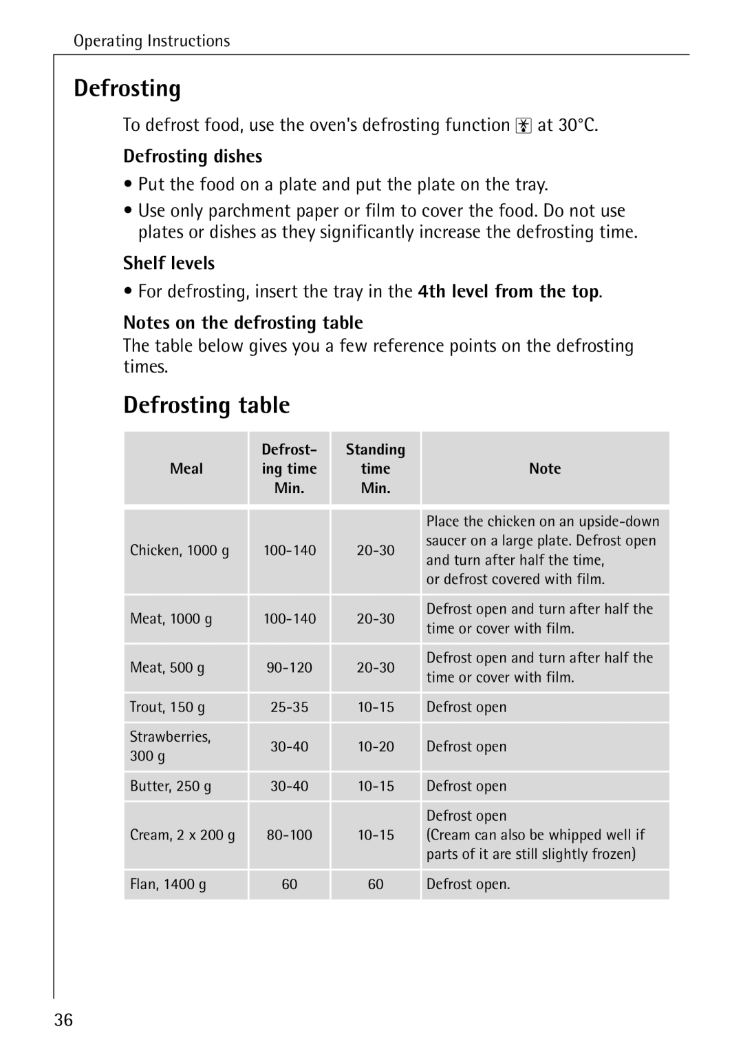 AEG B 4100 operating instructions Defrosting table, Defrosting dishes, Shelf levels 