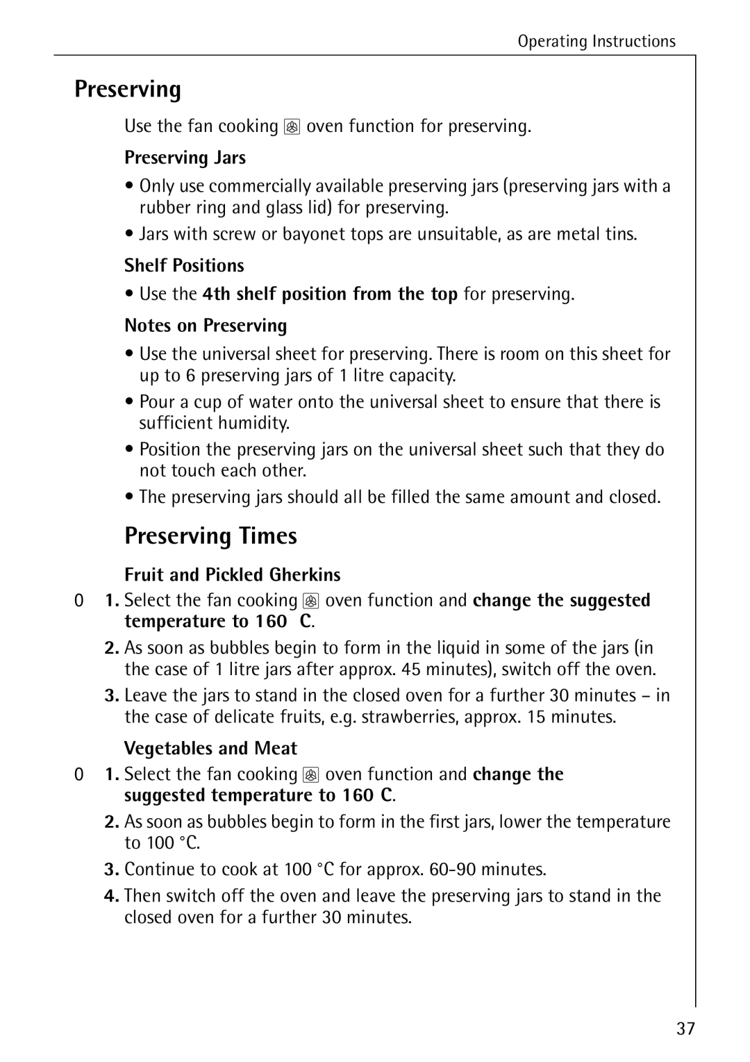 AEG B 4100 operating instructions Preserving Times, Preserving Jars, Fruit and Pickled Gherkins, Vegetables and Meat 