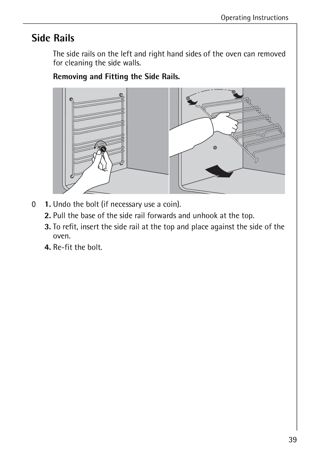 AEG B 4100 operating instructions Removing and Fitting the Side Rails 