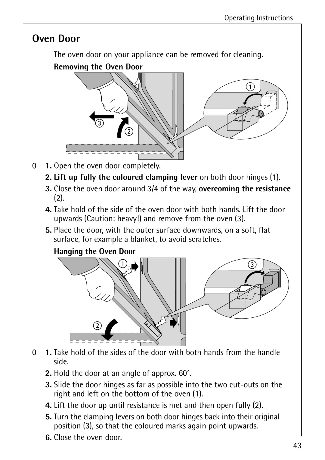 AEG B 4100 operating instructions Removing the Oven Door, Hanging the Oven Door 