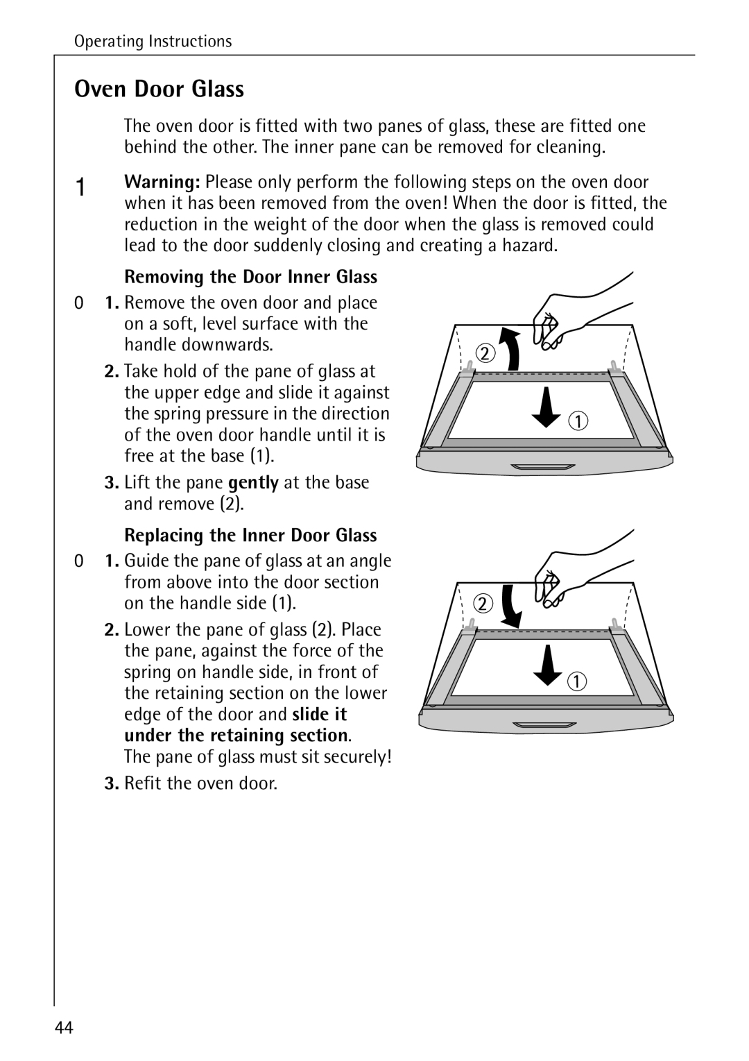 AEG B 4100 Oven Door Glass, Removing the Door Inner Glass, Lift the pane gently at the base and remove 