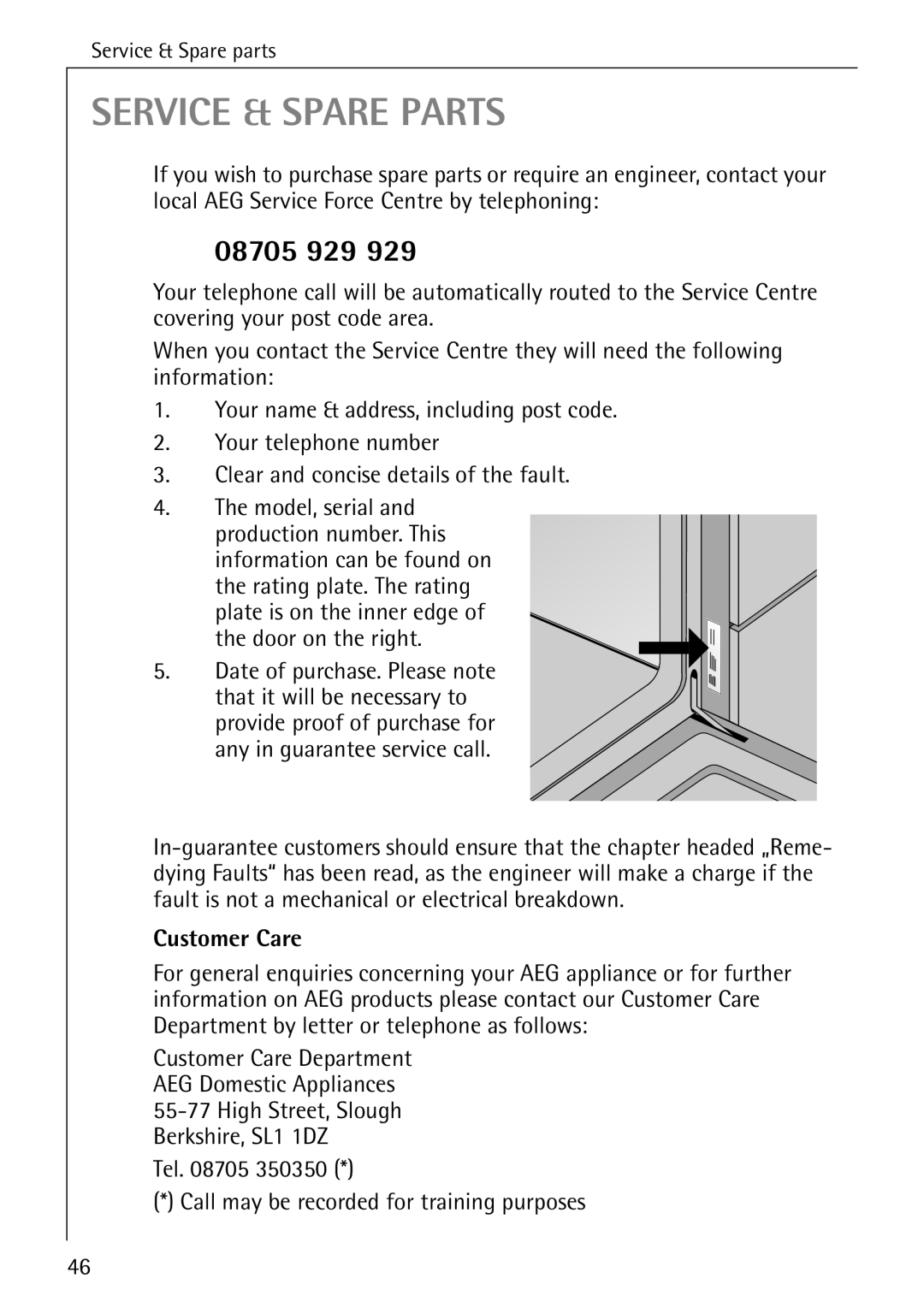 AEG B 4100 08705 929, Customer Care Department AEG Domestic Appliances, Tel Call may be recorded for training purposes 