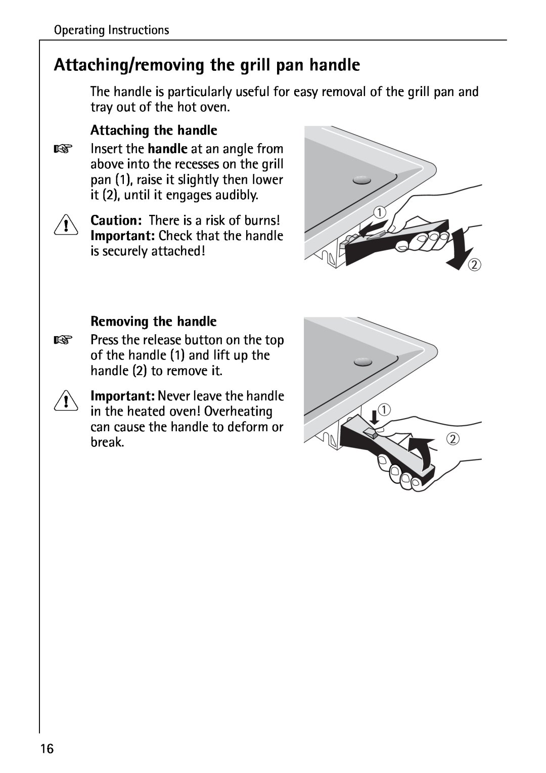 AEG B 4100 operating instructions Attaching/removing the grill pan handle, Attaching the handle, Removing the handle 