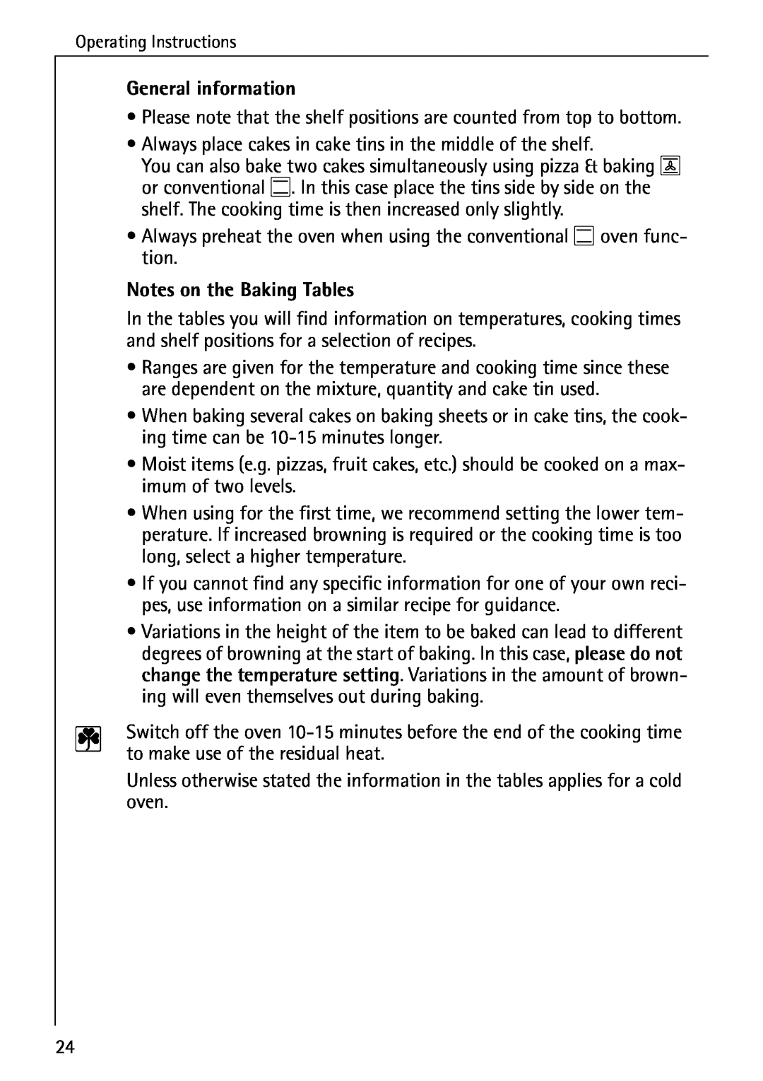AEG B 4100 operating instructions General information, Notes on the Baking Tables 