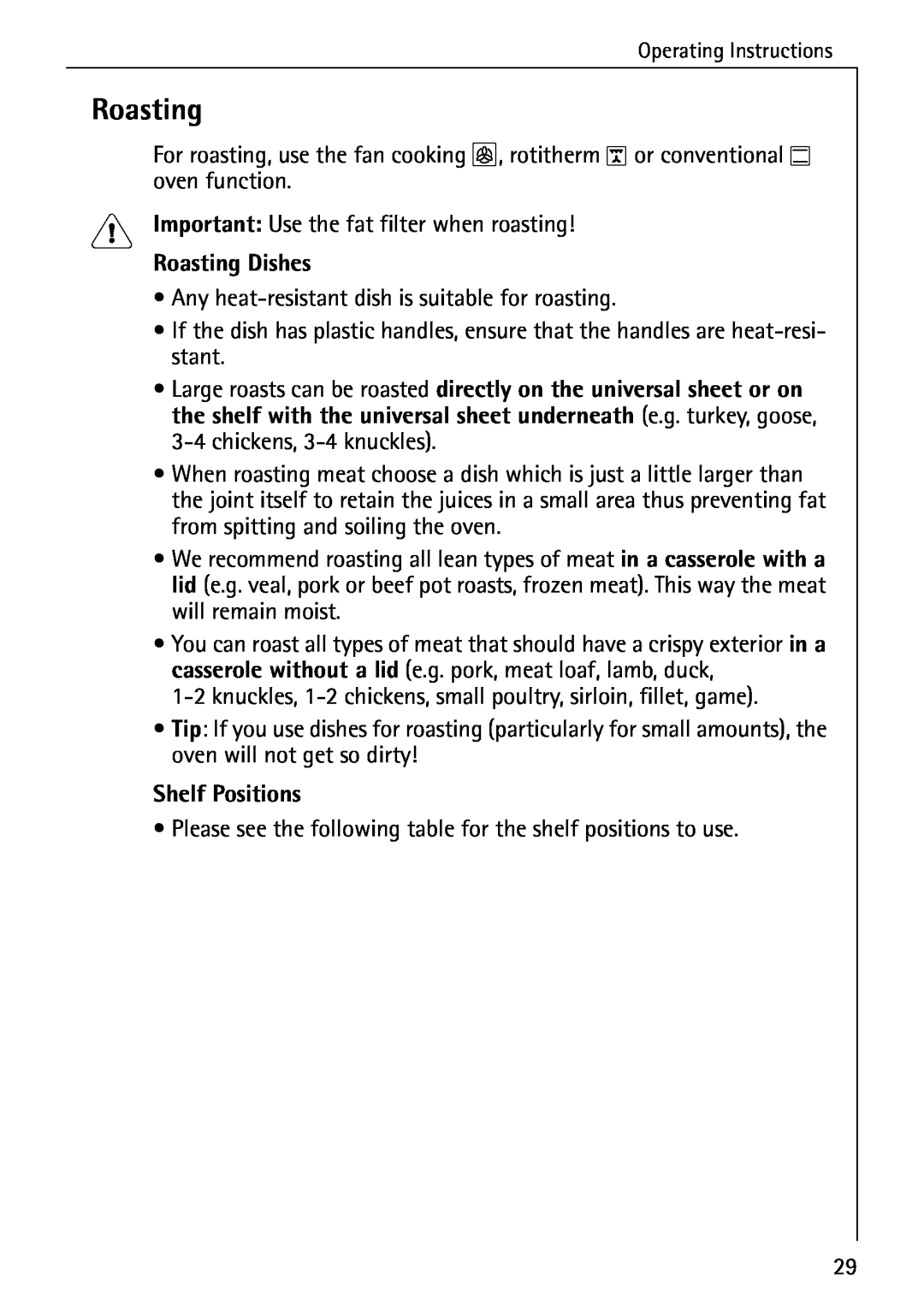 AEG B 4100 operating instructions Roasting Dishes, Shelf Positions 