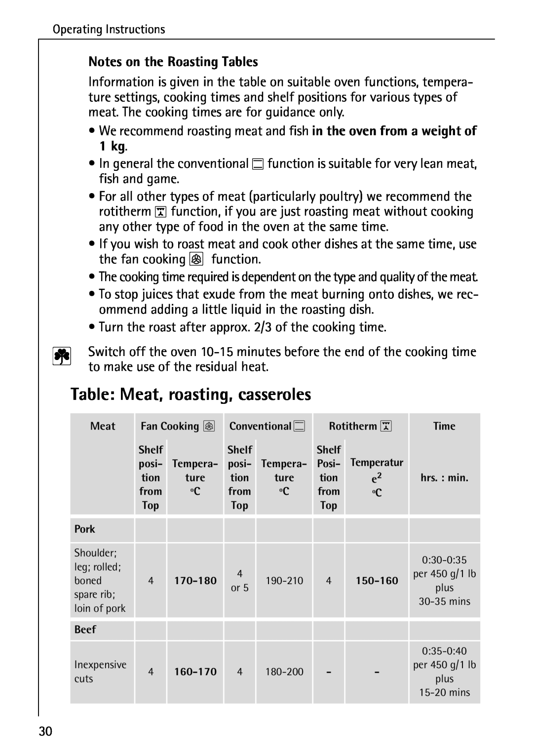 AEG B 4100 operating instructions Notes on the Roasting Tables, Table Meat, roasting, casseroles 
