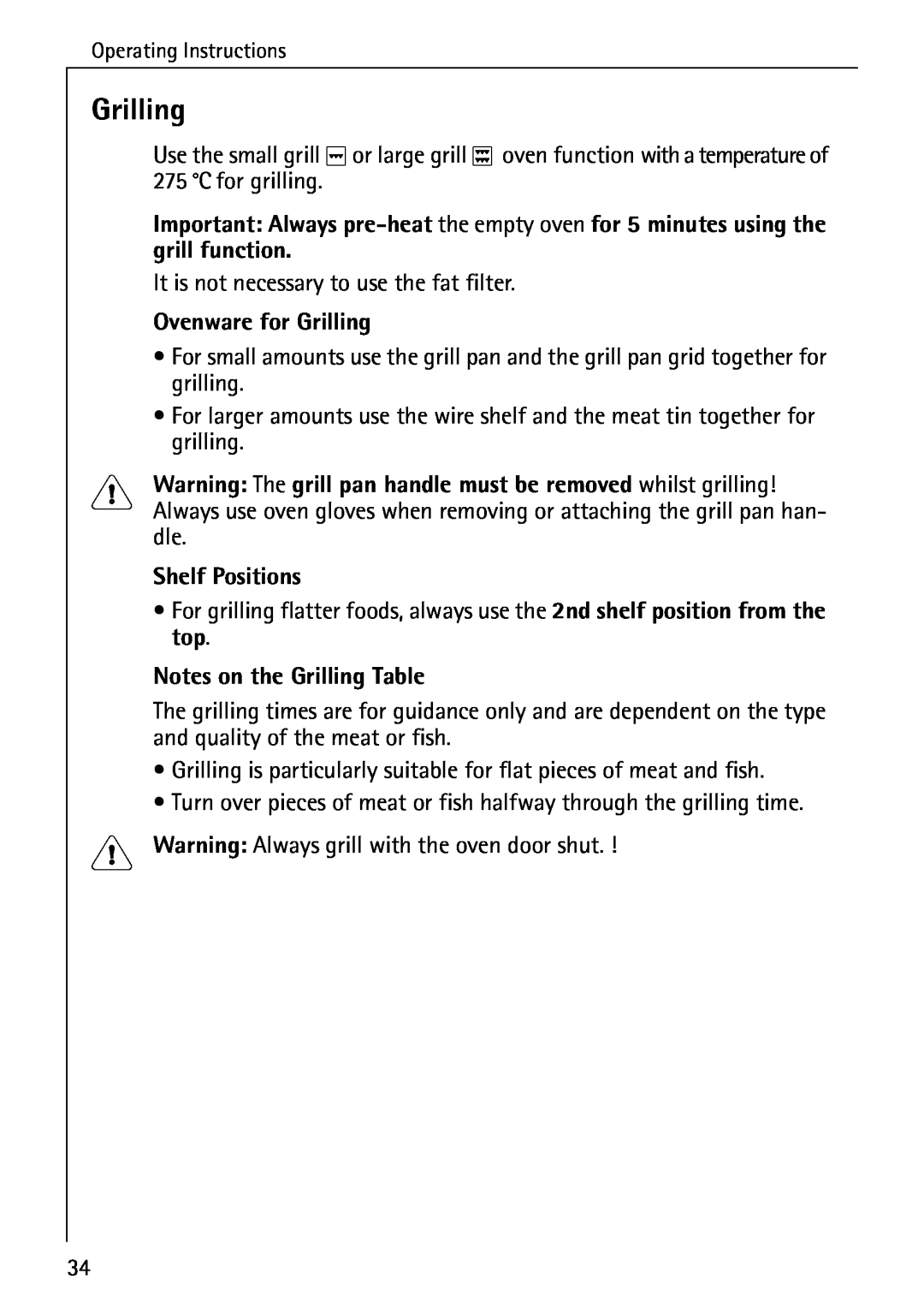 AEG B 4100 operating instructions Ovenware for Grilling, Notes on the Grilling Table, Shelf Positions 