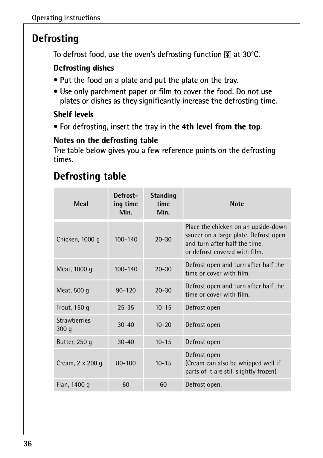 AEG B 4100 operating instructions Defrosting table, Defrosting dishes, Shelf levels, Notes on the defrosting table 
