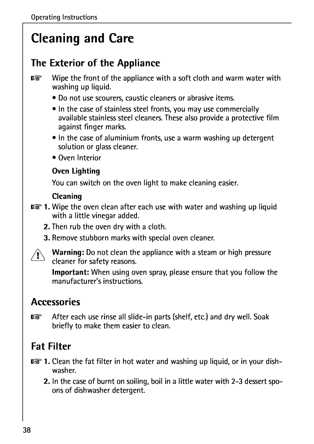 AEG B 4100 operating instructions Cleaning and Care, The Exterior of the Appliance, Accessories, Fat Filter, Oven Lighting 