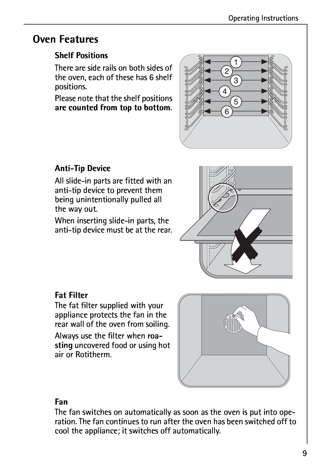 AEG B 4100 operating instructions Oven Features, Shelf Positions, Anti-TipDevice, Fat Filter 