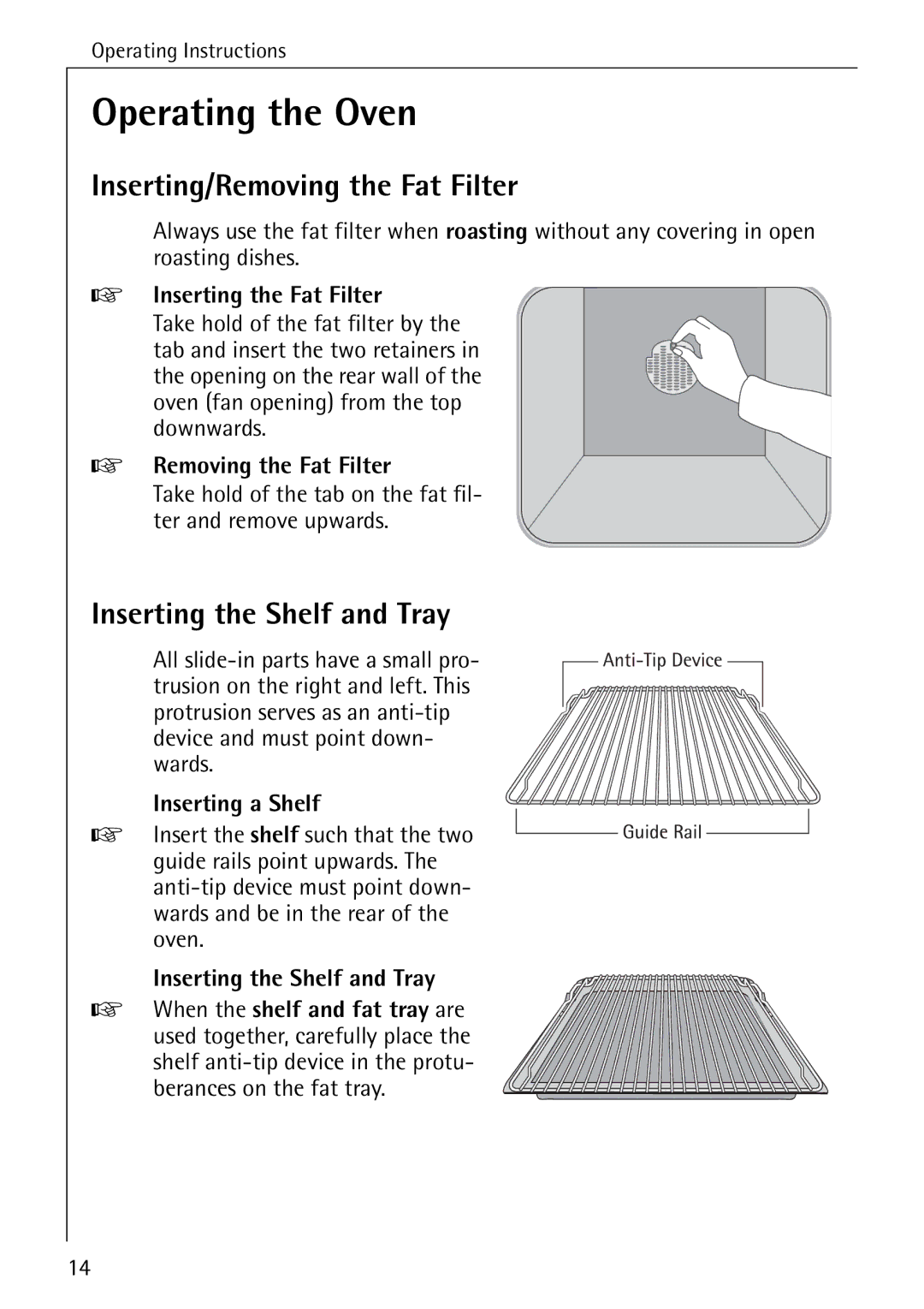 AEG B 4130 manual Operating the Oven, Inserting/Removing the Fat Filter, Inserting the Shelf and Tray 