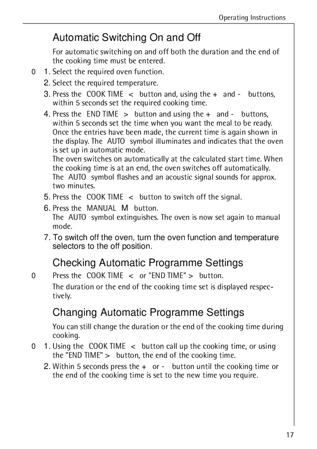 AEG B 4130 Automatic Switching On and Off, Checking Automatic Programme Settings, Changing Automatic Programme Settings 