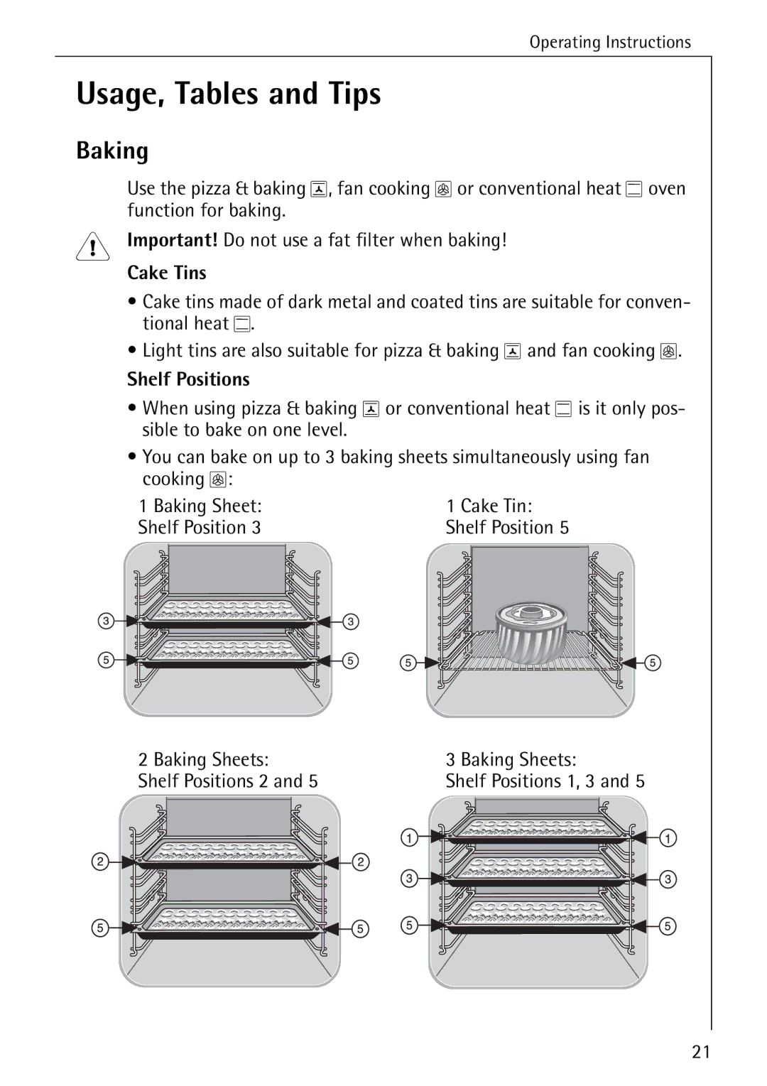 AEG B 4130 manual Usage, Tables and Tips, Baking, Cake Tins 