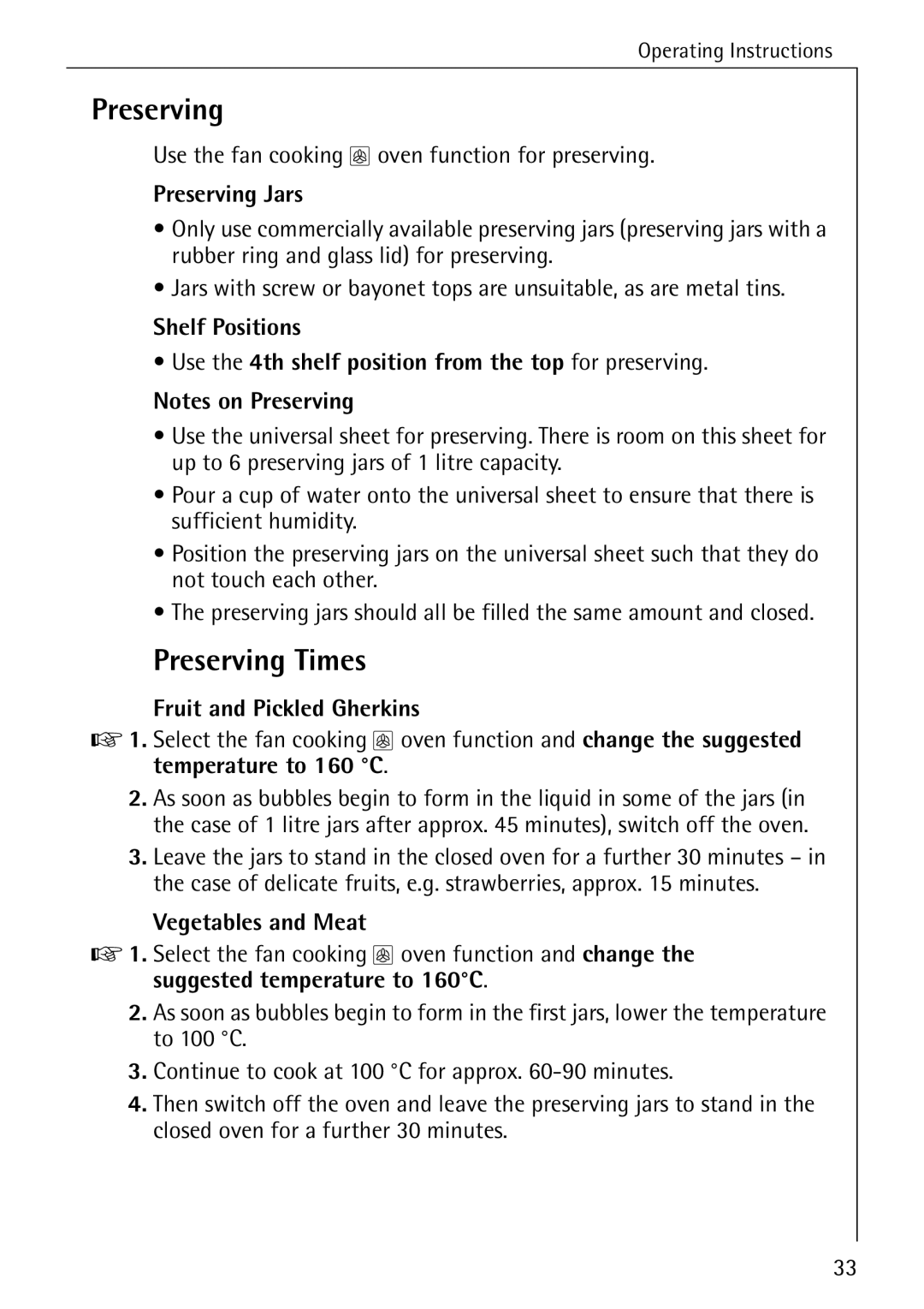 AEG B 4130 manual Preserving Times, Preserving Jars, Fruit and Pickled Gherkins, Vegetables and Meat 