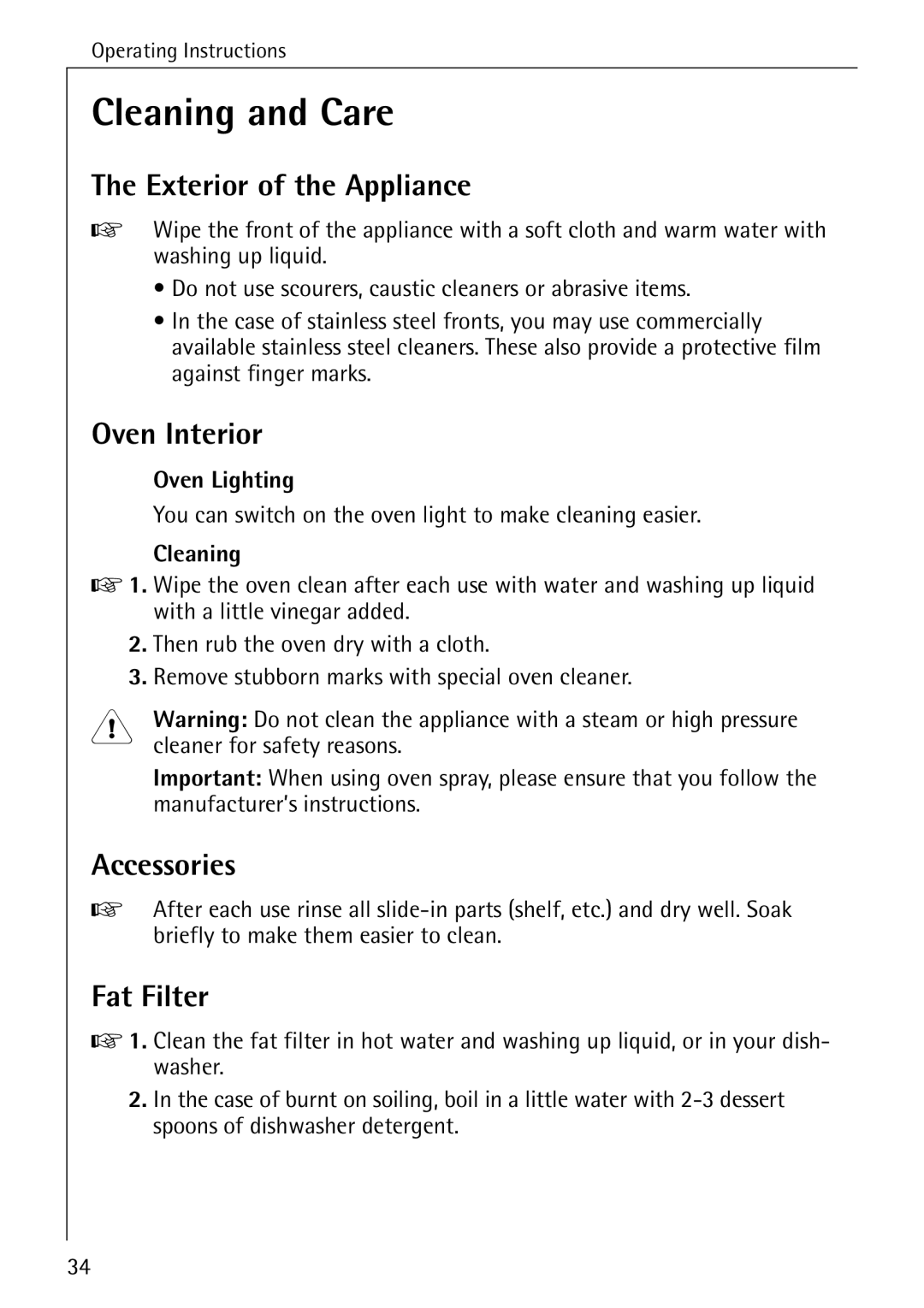 AEG B 4130 manual Cleaning and Care, Exterior of the Appliance, Oven Interior, Accessories, Fat Filter 