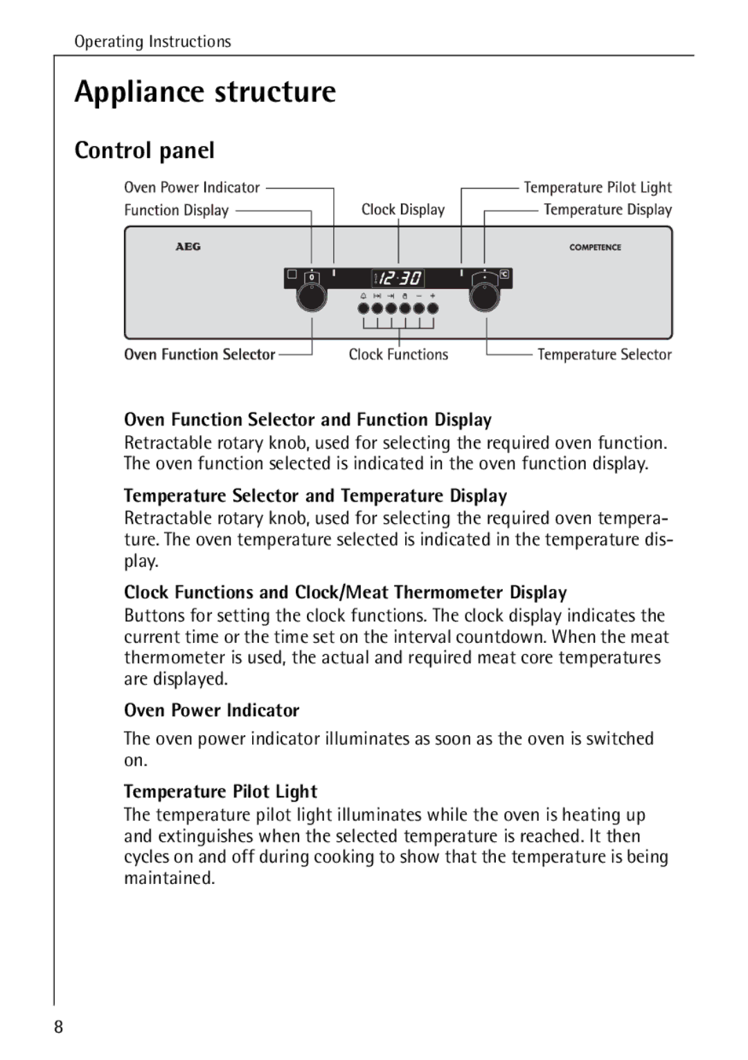 AEG B 4130 manual Appliance structure, Control panel 