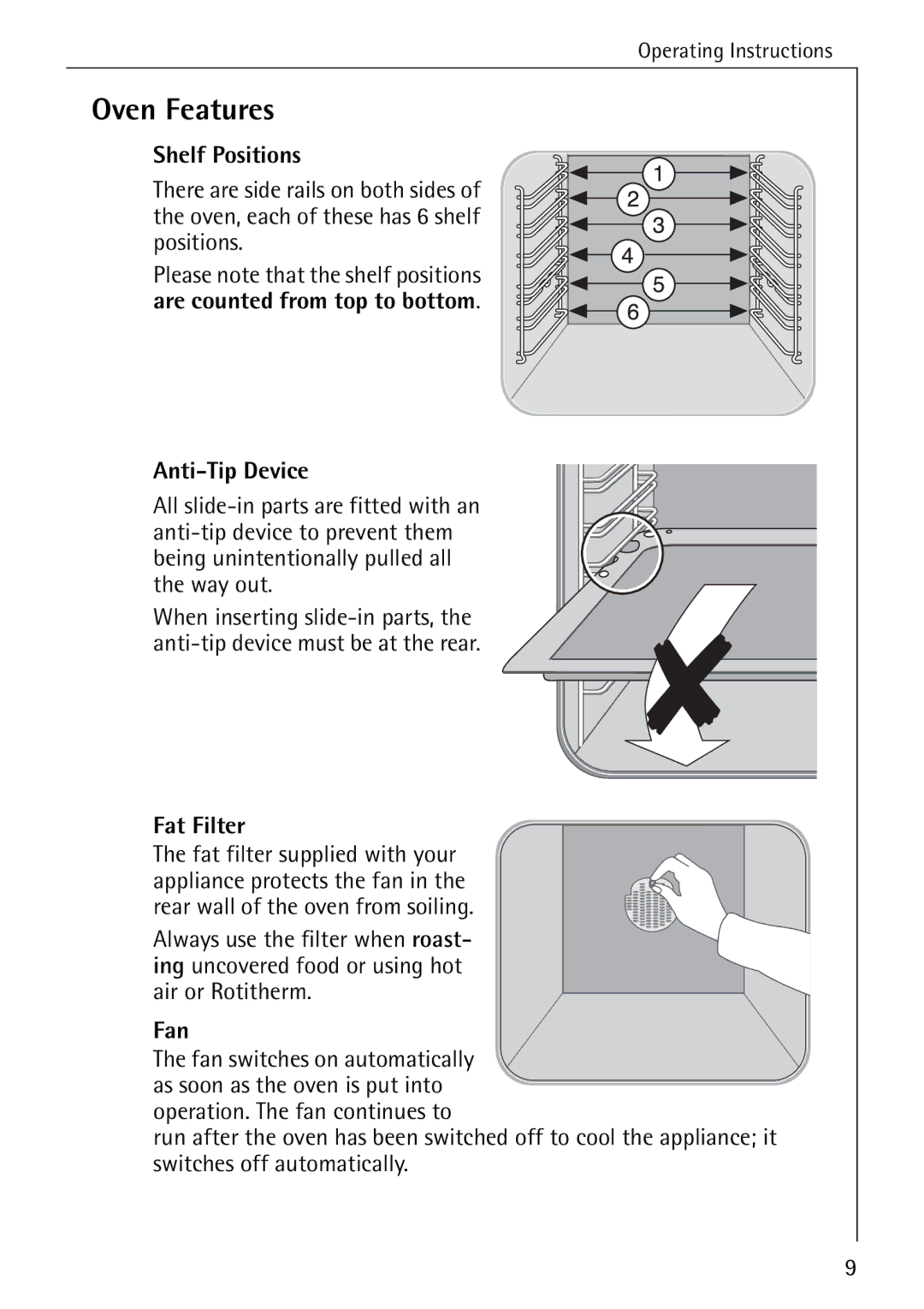 AEG B 4130 manual Oven Features, Shelf Positions, Anti-Tip Device, Fat Filter, Fan 