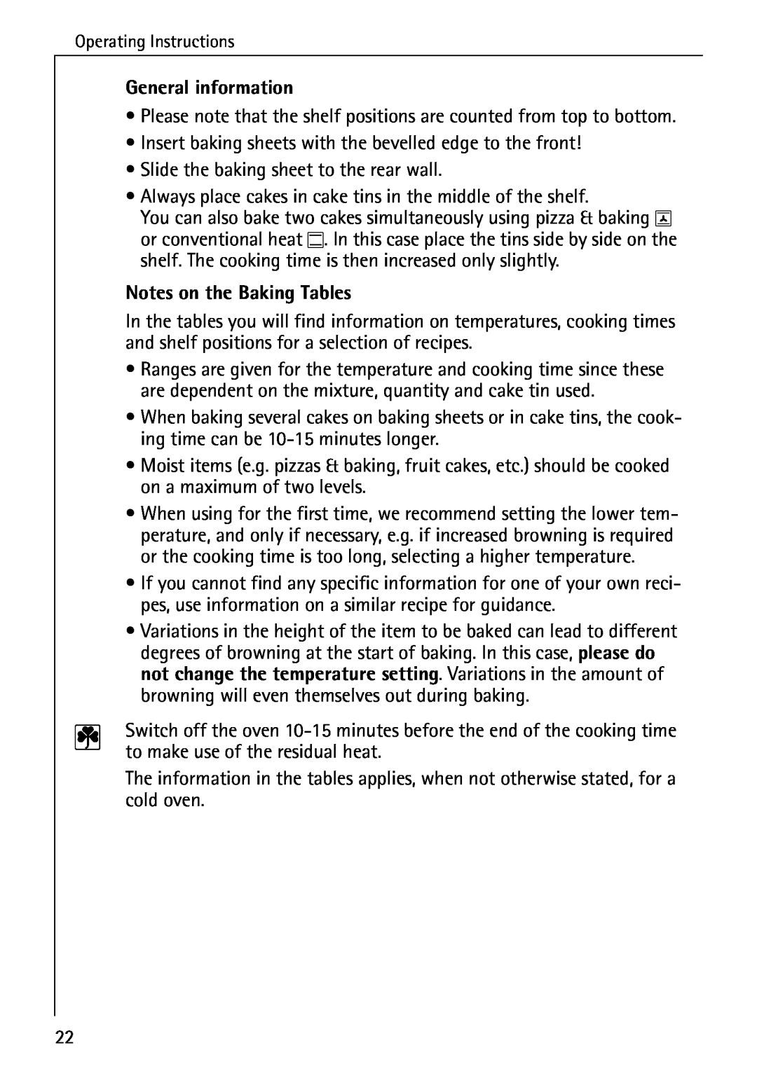 AEG B 4130 manual General information, Notes on the Baking Tables 