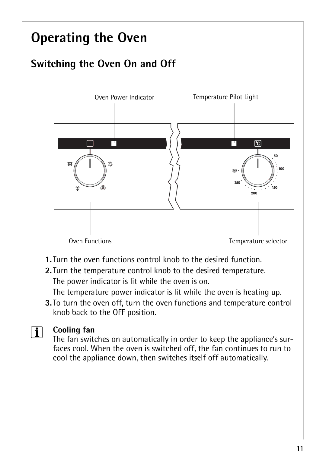 AEG B1180-4 manual Operating the Oven, Switching the Oven On and Off, Cooling fan 