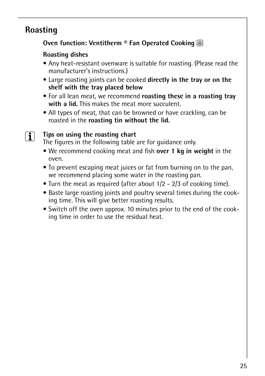 AEG B1180-4 manual Roasting, Tips on using the roasting chart 