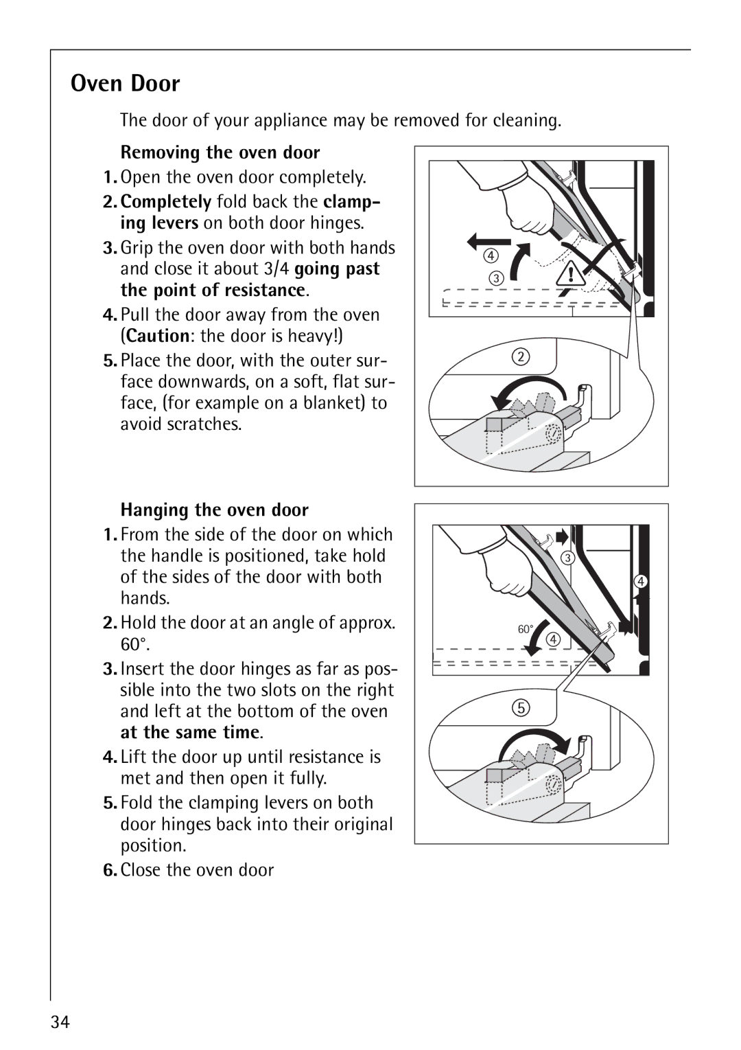 AEG B1180-4 Oven Door, Door of your appliance may be removed for cleaning, Removing the oven door, Hanging the oven door 