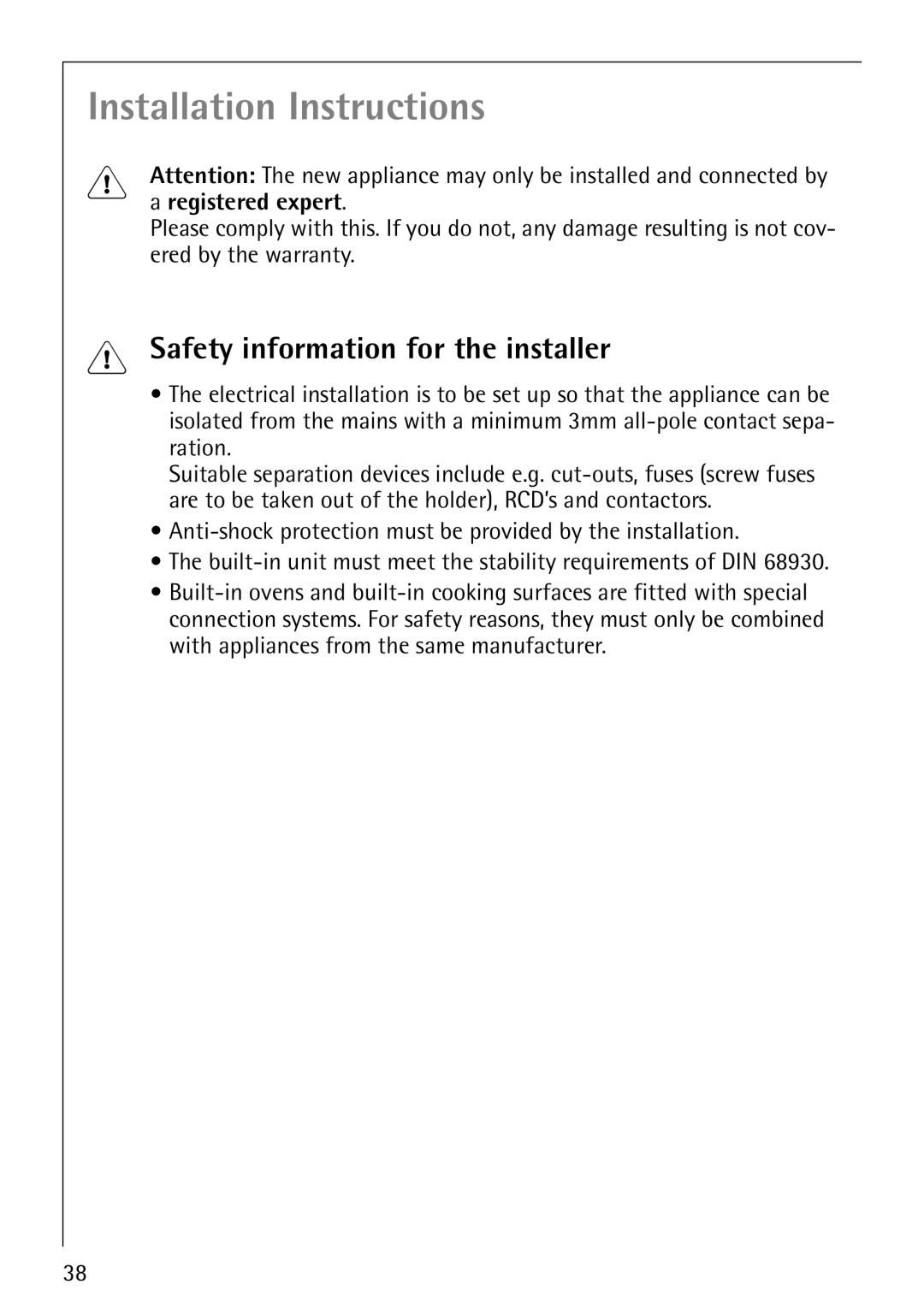 AEG B1180-4 manual Safety information for the installer, Registered expert 