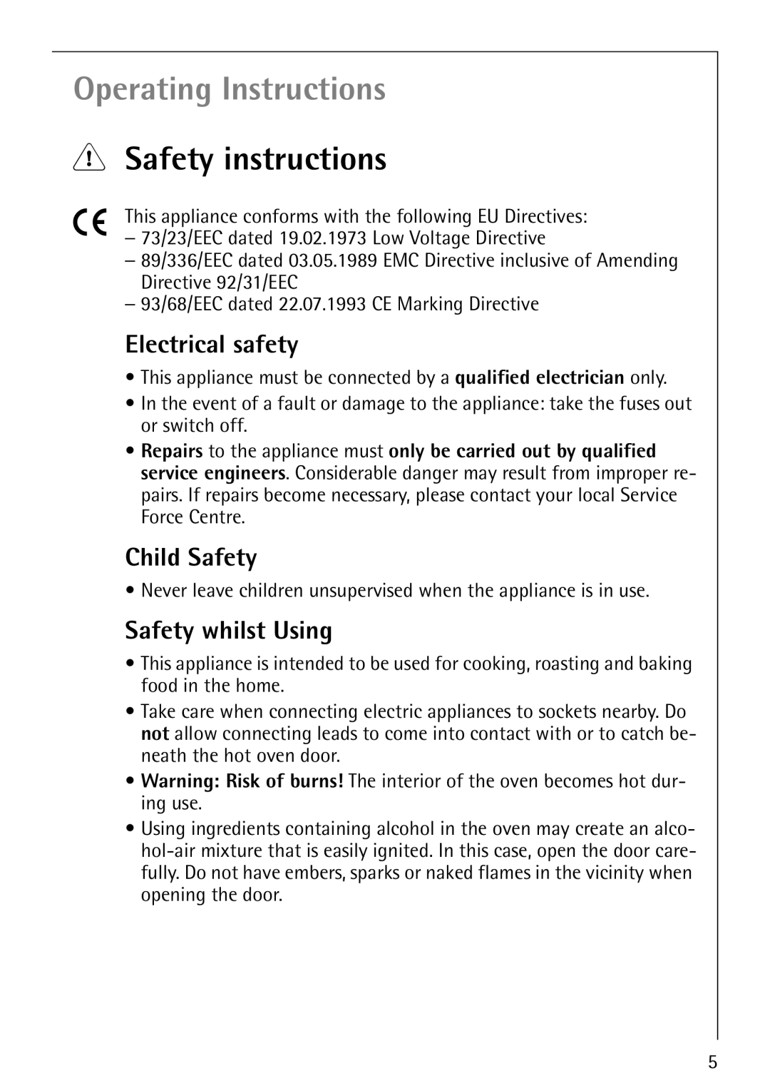 AEG B1180-4 manual Safety instructions, Electrical safety, Child Safety, Safety whilst Using 