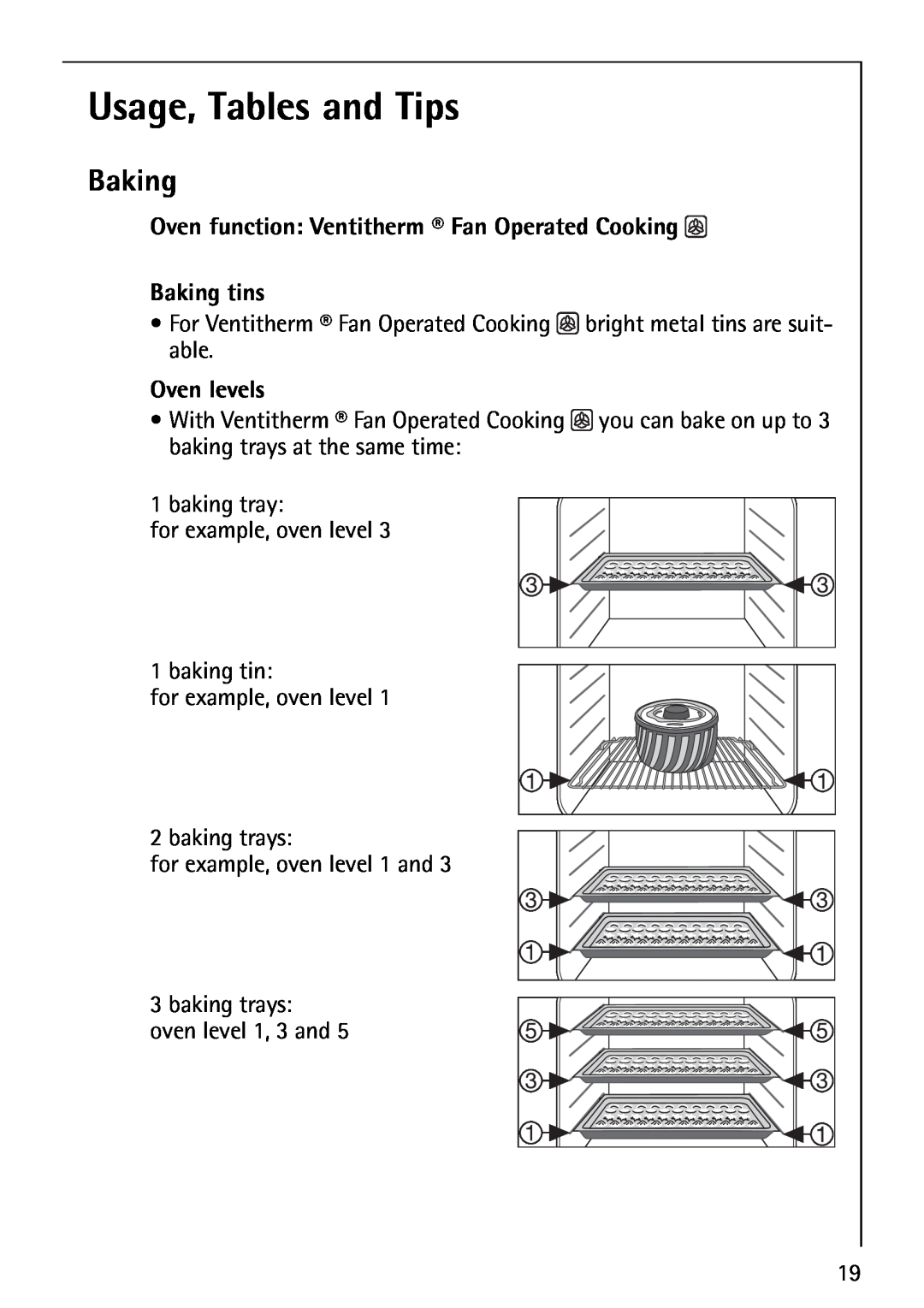 AEG B1180-4 manual Usage, Tables and Tips, Oven function: Ventitherm Fan Operated Cooking, Baking tins, Oven levels 