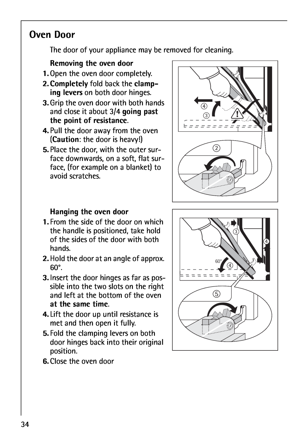 AEG B1180-4 manual Oven Door, Removing the oven door, Hanging the oven door 
