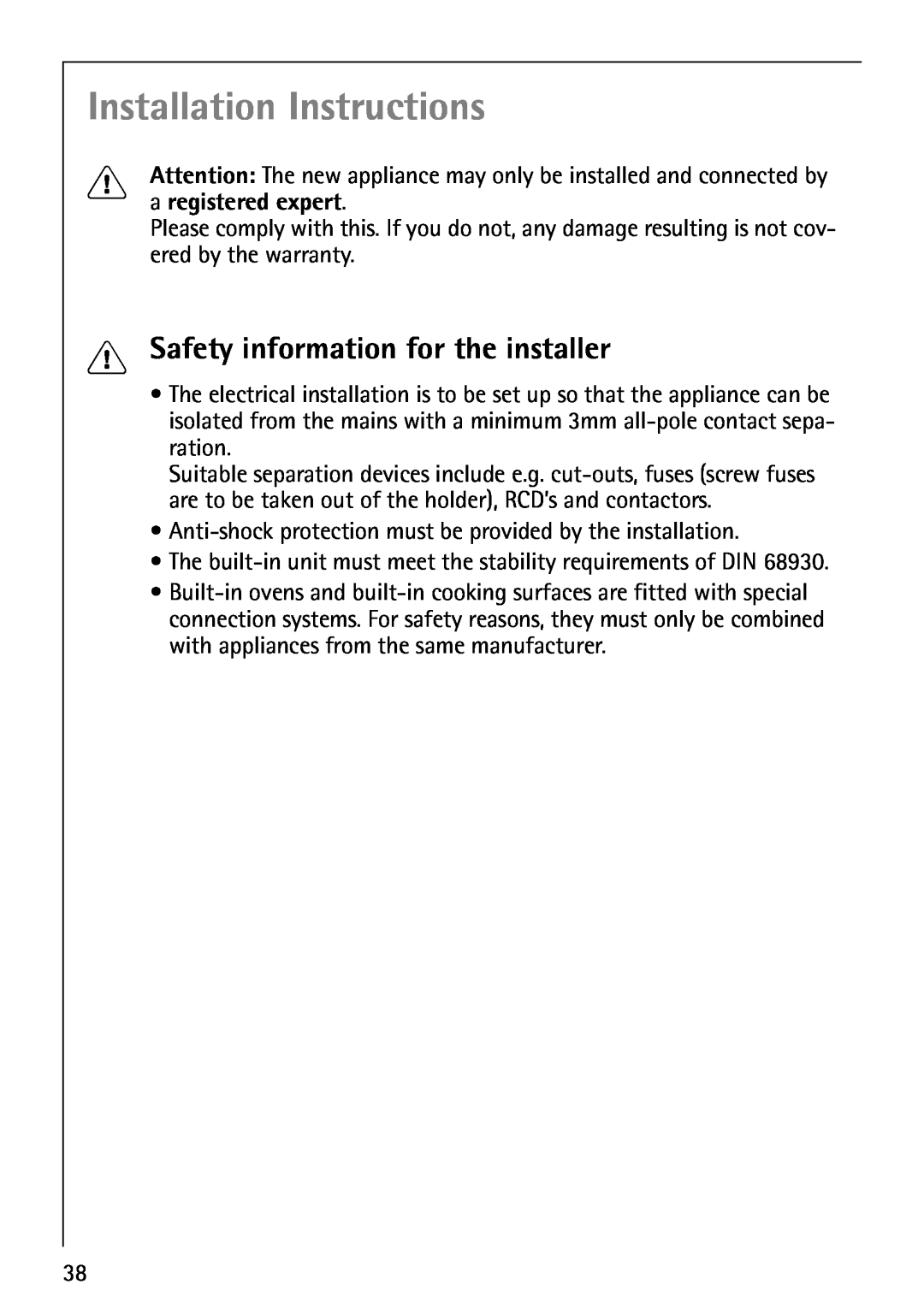 AEG B1180-4 manual Installation Instructions, Safety information for the installer, a registered expert 