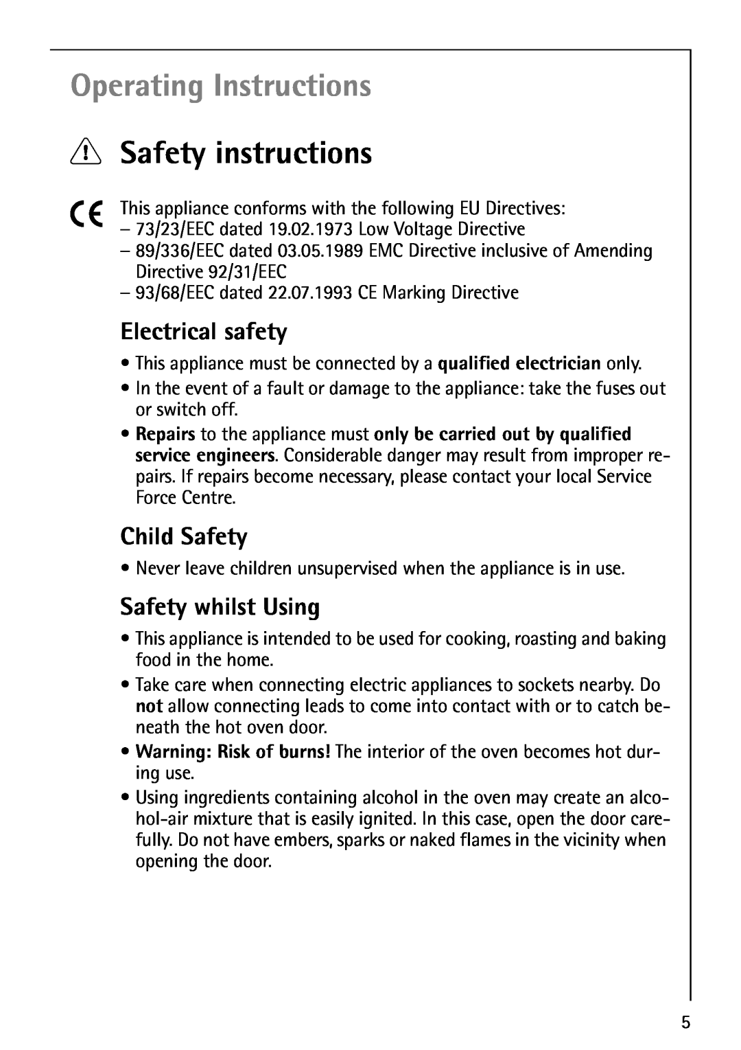 AEG B1180-4 manual Operating Instructions, 1Safety instructions, Electrical safety, Child Safety, Safety whilst Using 