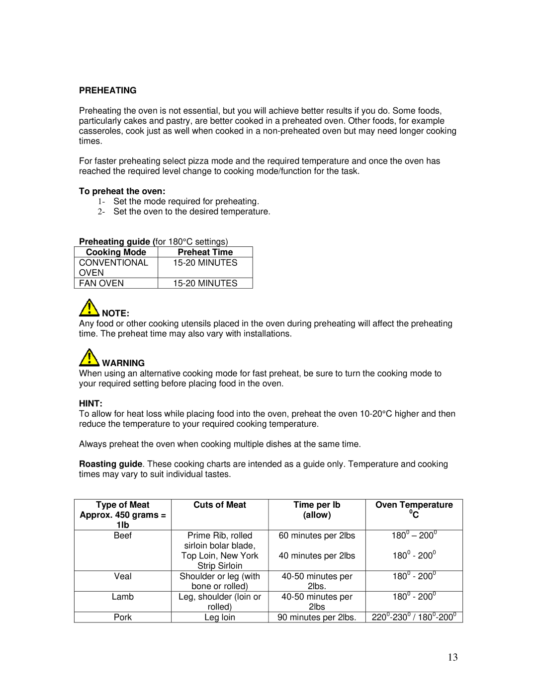 AEG B3007H-L-B user manual Preheating, Hint 