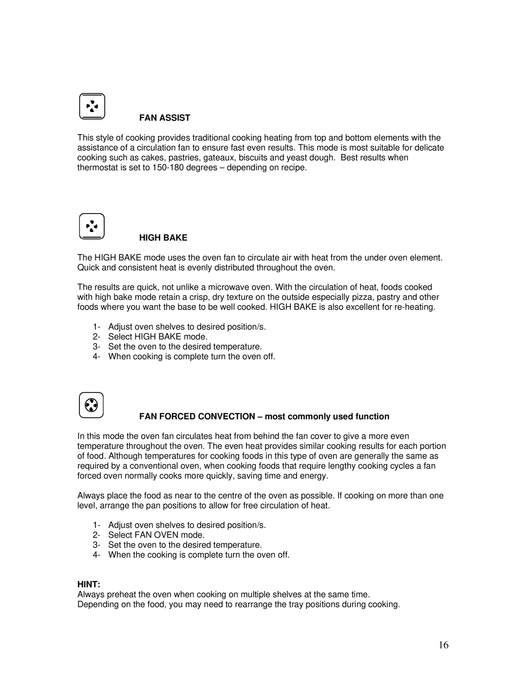 AEG B3007H-L-B user manual FAN Assist, High Bake, FAN Forced Convection most commonly used function 